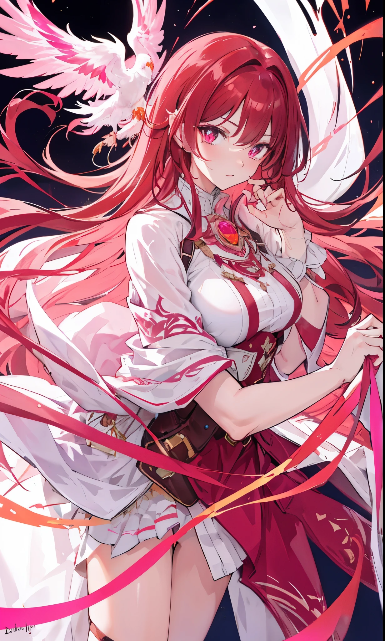 Pink-purple blood-red pupils,Beautiful reddish brown hair,There is a beauty mole,The face is white and tender,Like a phoenix,spark pattern,Red crystal for decoration,Body glowing with orange fluorescence,Looks beautiful,It was stunning,dress appropriately