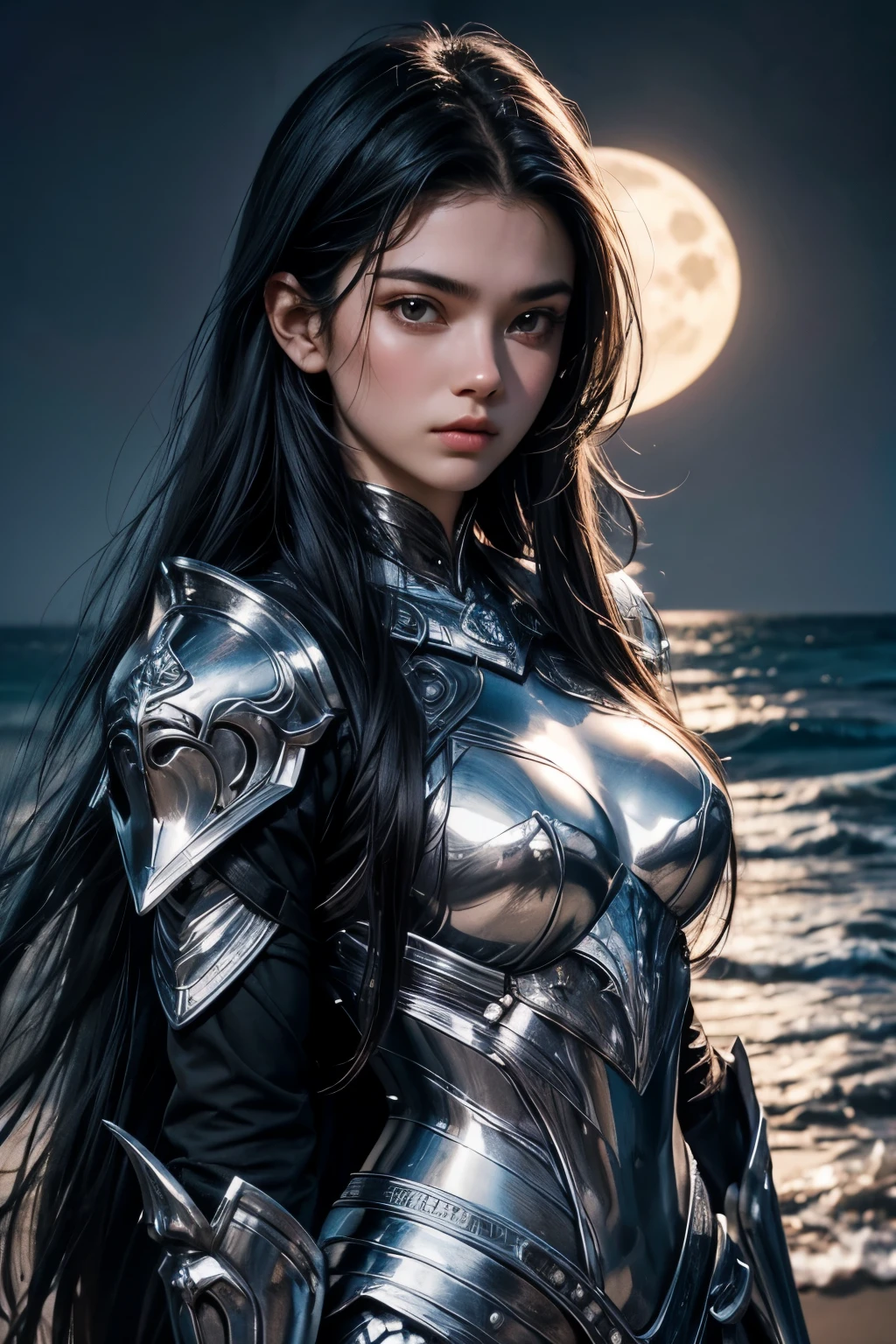 game character beautiful girl 20 years old, in silver armor, black long hair developed in the wind golden tiara, chest ajar, in the hand of a golden trident, on the background of the stormy sea, through the black clouds breaks through the red sun. 8k super detail.