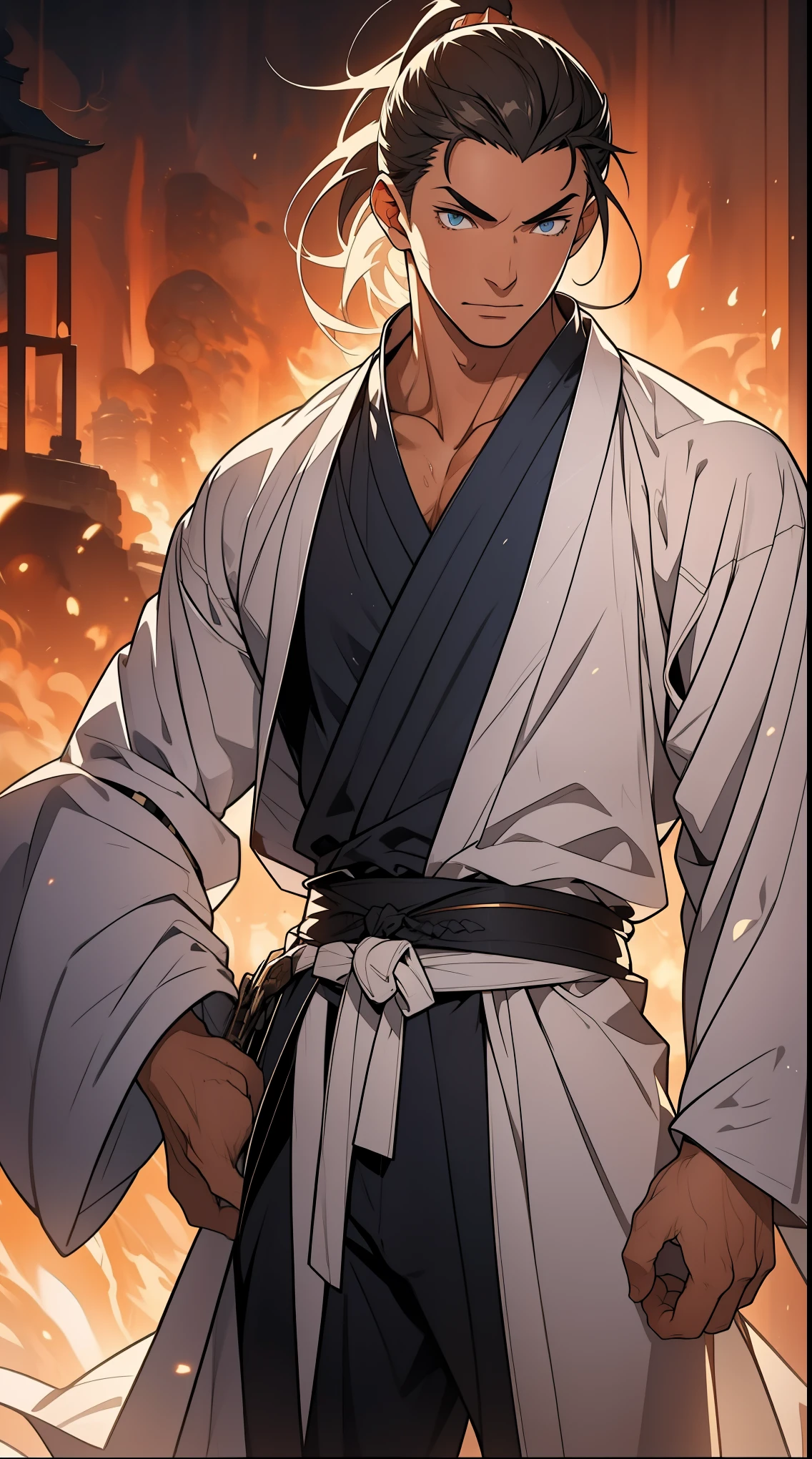 Two dimensions，anime style，one person（male warrior），proportions are correct，facial details，swordsman，high ponytail hairstyle，neck detail，Have an Adam&#39;s apple，White robe，joke，white robe，clothing details，transfer，long sleeves，Game quality，fencing，Ray tracing，Ray tracing，Detailed glow，CG rendering，hair details，long white hair，blue eyes，Handsome，Handsome，（Youthful feeling），Clothing is complicated，Perfect composition，refine，high quality，higher details，many details，Complex background，a sense of atmosphere，