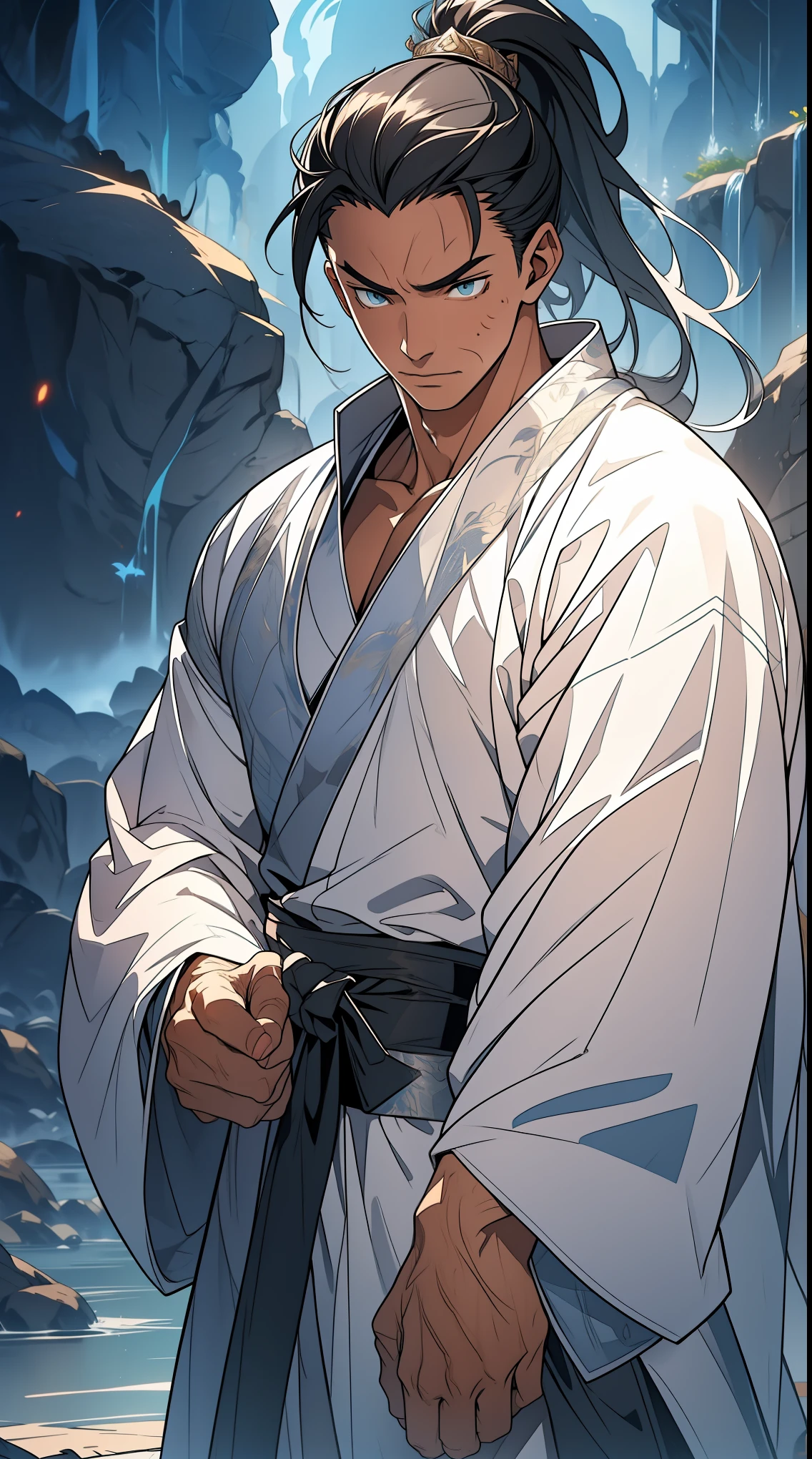 Two dimensions,anime style,one person(male warrior),proportions are correct,facial details,swordsman,high ponytail hairstyle,neck detail,Have an Adam's apple,White robe,joke,white robe,clothing details,transfer,long sleeves,Game quality,fencing,Ray tracing,Ray tracing,Detailed glow,CG rendering,hair details,long white hair,blue eyes,Handsome,Handsome,(Youthful feeling),Clothing is complicated,Perfect composition,refine,high quality,higher details,many details,Complex background,a sense of atmosphere,