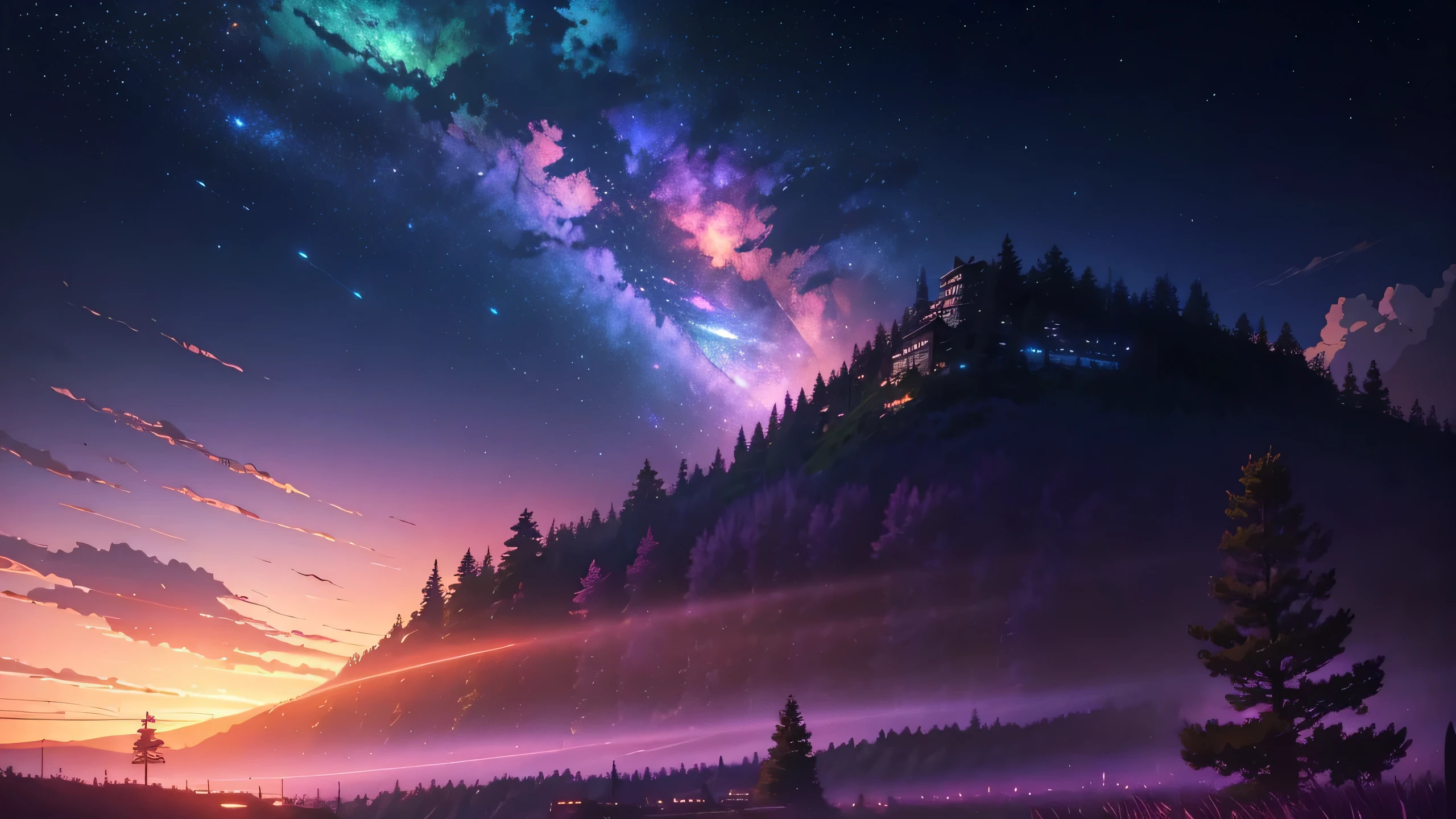 The picture is bright and well lit. no humans. (((Makoto Shinkai style)),pixiv,anime drawing,high quality,pink purple sky,beautiful scene),(universe,train passing,magical realism,((makoto shinkai style)) ::0.8), [Artistic Atmosphere, Atmosphere:0.8, Starry Sky, Hills, Snow Mountain, Sparkling Water, Grass, Trees, Smoke, Stars, Low Angle of View, Specular Scattering,