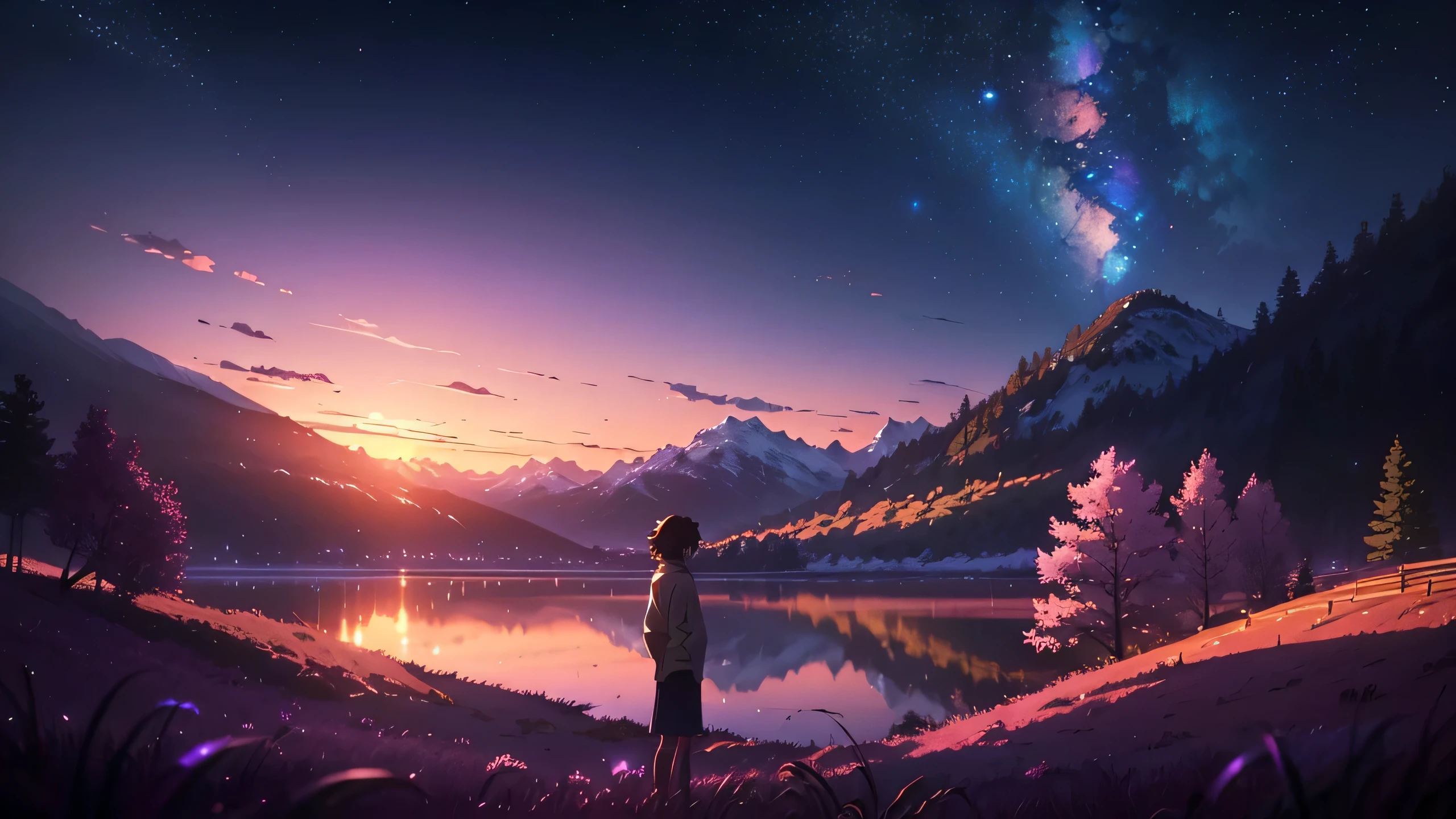 The picture is bright and well lit. no humans. (((Makoto Shinkai style)),pixiv,anime drawing,high quality,pink purple sky,beautiful scene),(universe,train passing,magical realism,((makoto shinkai style)) ::0.8), [Artistic Atmosphere, Atmosphere:0.8, Starry Sky, Hills, Snow Mountain, Sparkling Water, Grass, Trees, Smoke, Stars, Low Angle of View, Specular Scattering,