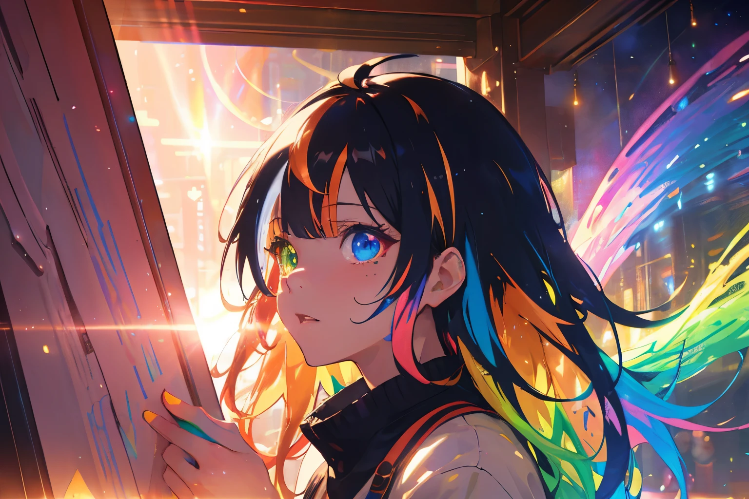 {{masutepiece}}, Best Quality, the Extremely Detailed CG Unity 8K Wallpapers, Cinematic lighting, Lens Flare, Beautiful detail eyes, Black, side glance, Multicolor Hair, Colorful light, Particle, Heterochromia, (Colorful:1.5), (Colorful hair:1.5), 図書館