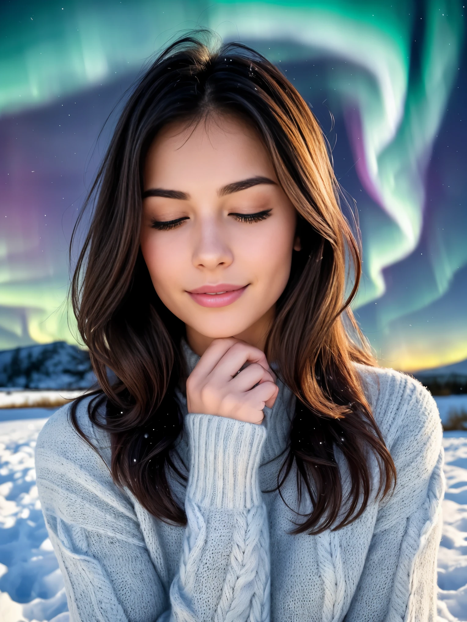 Wide shot. An ultra hot gorgeous sweden woman, age 23, brunette wavy hair, she’s a playmate, men magazine model. Her face and her body pose illustrate (((she’s peaceful, happy, face of happiness, closed eyes))). ((Random winter color wool sweater)). ((Outside, at night, snowy landscape, northern lights)). Perfect anatomy, perfect hair, perfect breast, perfect body, perfect hands, perfect face, perfect eyes, accurate, anatomically correct, perfect clear and crisp focus, UHD, masterpiece,