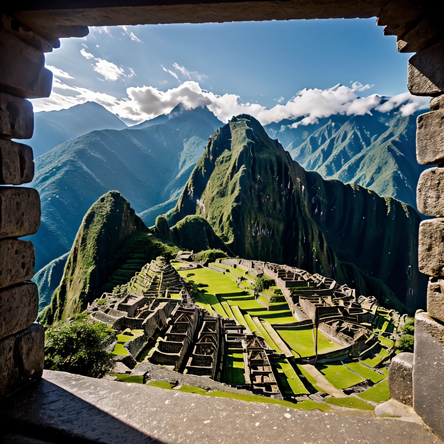 (A hyper-realistic)、(illustratio)、(hight resolution)、(8K)、(ighly detailed)、(Best Illustration)、(beautifully detailed eyes)、(top-quality)、(ultra-detailliert)、(masterpiece)、(wall-paper)、 Ancient, towering, majestic, awe-inspiring, high-quality view of Machu Picchu, Peru, Inca ruins, wide aperture lens, mirrorless camera precision, lost city, mystical mood, mountain top.