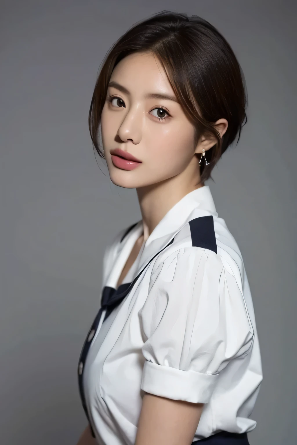 (highest quality,8K,masterpiece),studio photography,gray background,Low - Angle,portrait,Photographed from the front,
Very beautiful Japan models,fine skin,realistic skin, lip gloss,rouge,
very short hair,pixie cut,
big earrings,jk uniform,sailor suit,
big breasts,thighs,
jk uniform,silo uniform,skirt, white shirt, big breasts,emphasize cleavage,