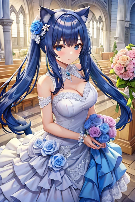 Cat ear Bright blue hair twin tails Wedding dress church holding one bouquet with both hands