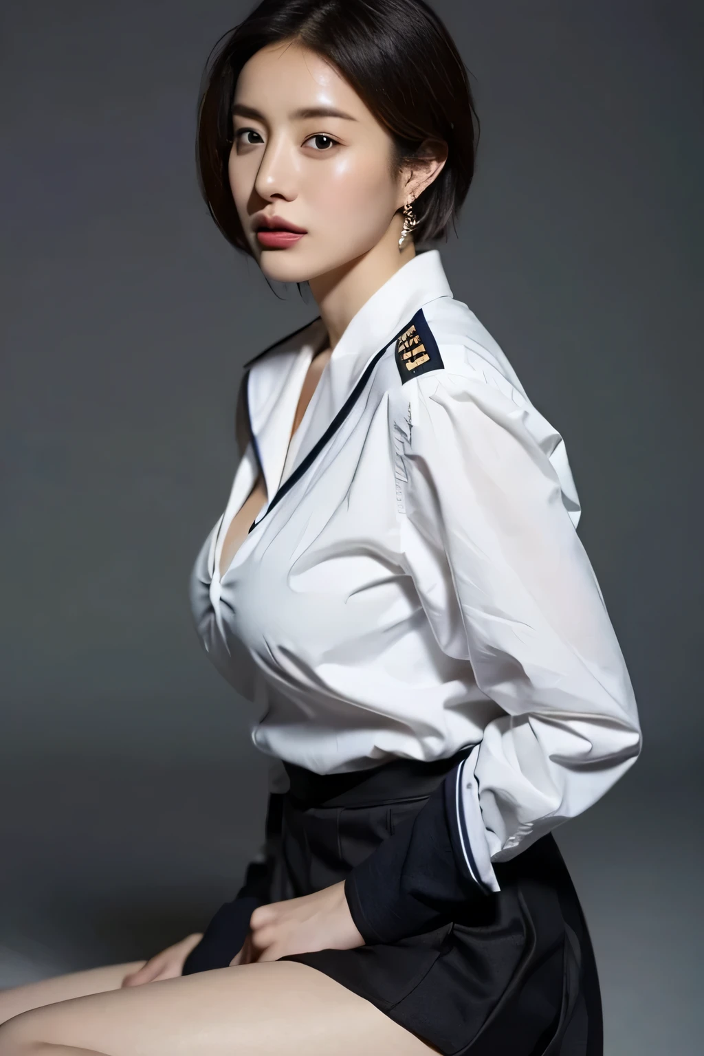(highest quality,8K,masterpiece),studio photography,
Very beautiful Japan models,fine skin,realistic skin, lip gloss,rouge,
very short hair,pixie cut,
School_uniform, big earrings,costume,sailor suit,sailor uniform,
big breasts,thighs,
skirt, white shirt, big breasts,emphasize cleavage,
gray background