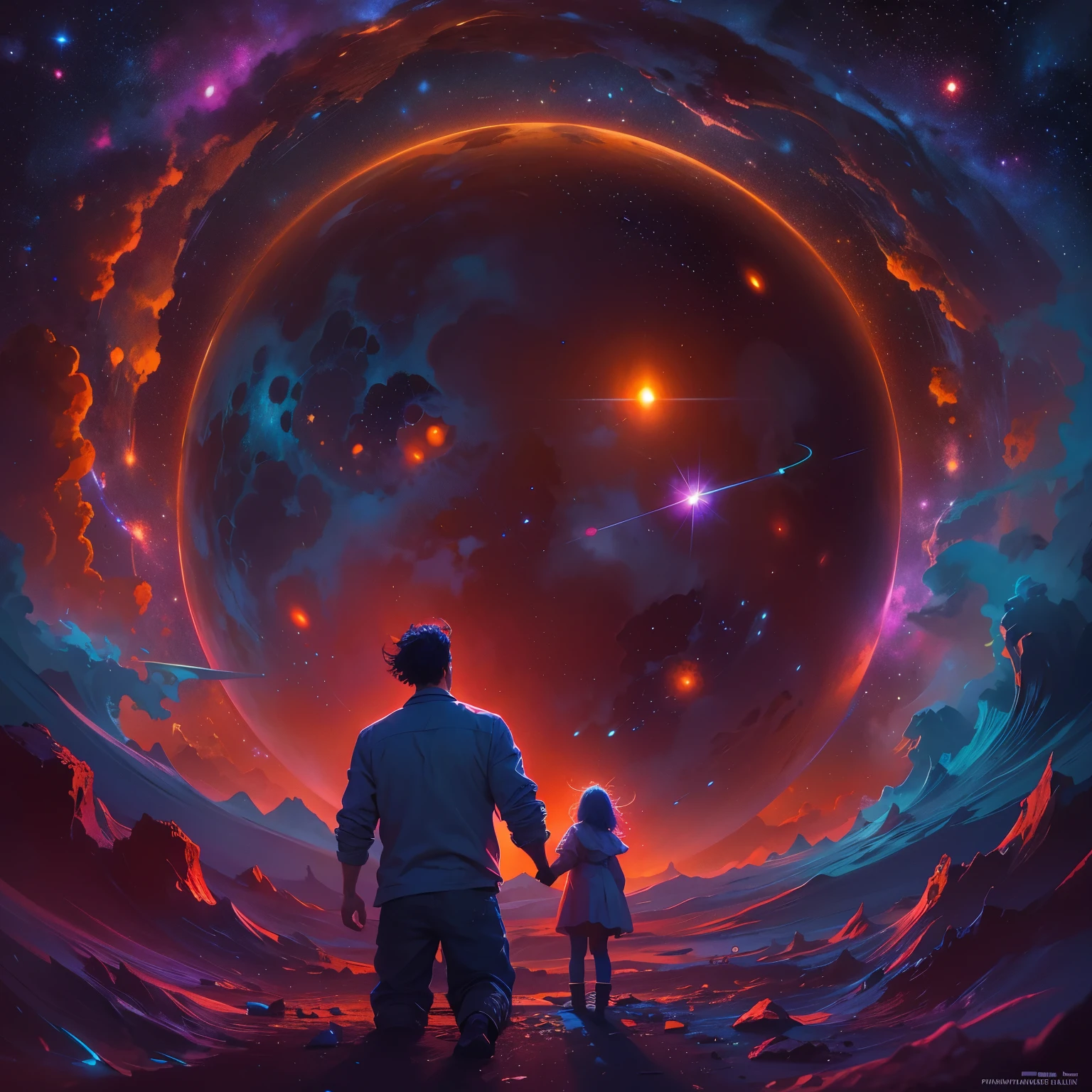 Imagine a spiritual representation where mother, father and son are united, holding hands, immersed in a spiritual existence with luminous tones predominant in red and blue. Esta cena, emocionante e bela, deve ser visualmente impressionante, with stunning detail in 8k resolution.
In the immensity of a starry night sky, com planetas, comets and an entire galaxy, visualize realidades superiores e conceitos elevados, that transcend mathematics, a filosofia, a arte e a beleza. This acrylic painting, capturada com uma lente de 35mm, It must be a cinematic masterpiece in 8k quality, inspirada no estilo marcante de Greg Rutkowski.