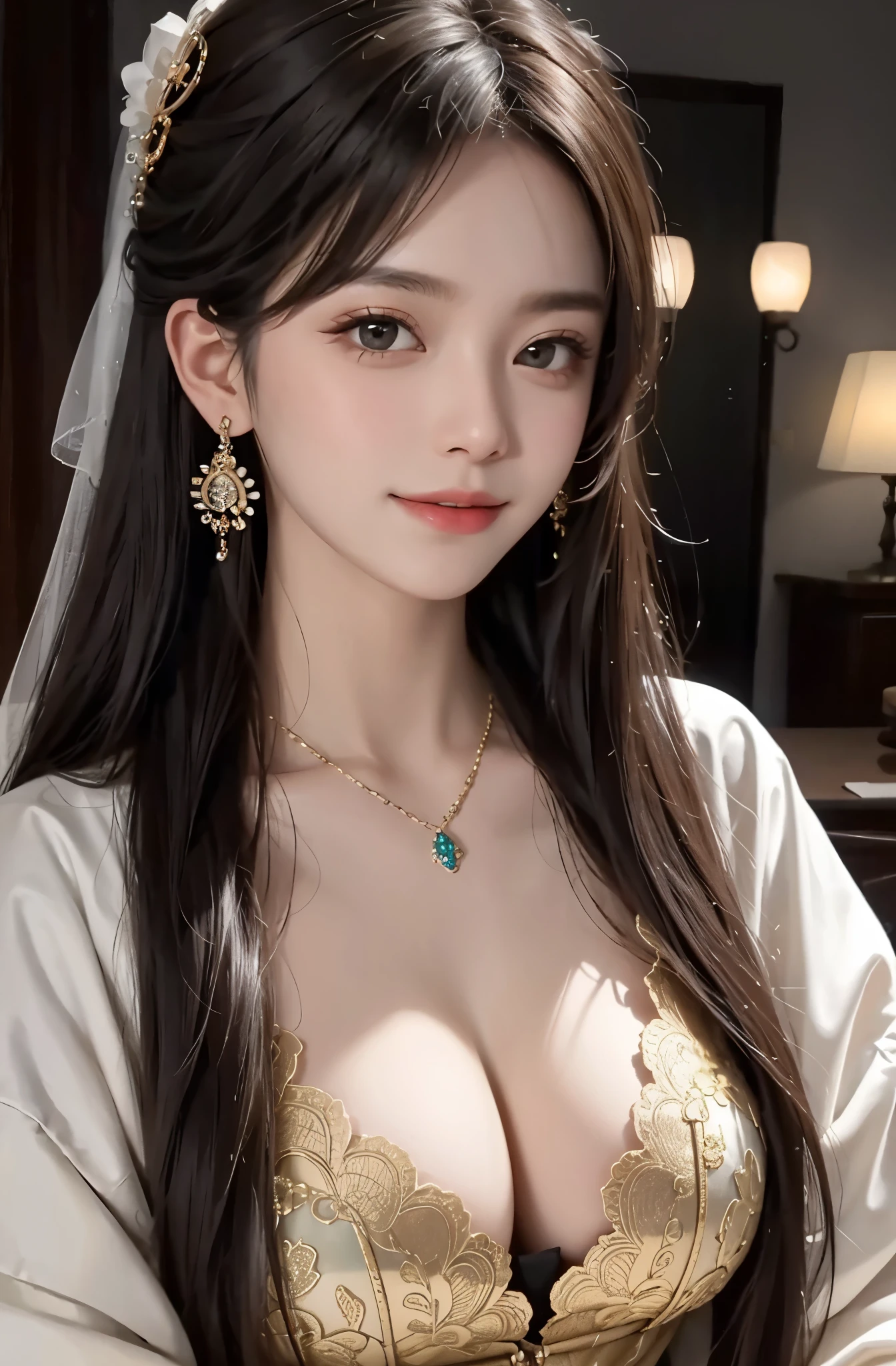 8K Ultra HD, table top, highest quality, beautiful girl, long hair, Beautiful necklaces, beautiful earrings, beautiful hair ornament,  girl, smile, Sexy, big breasts, cinematic lighting