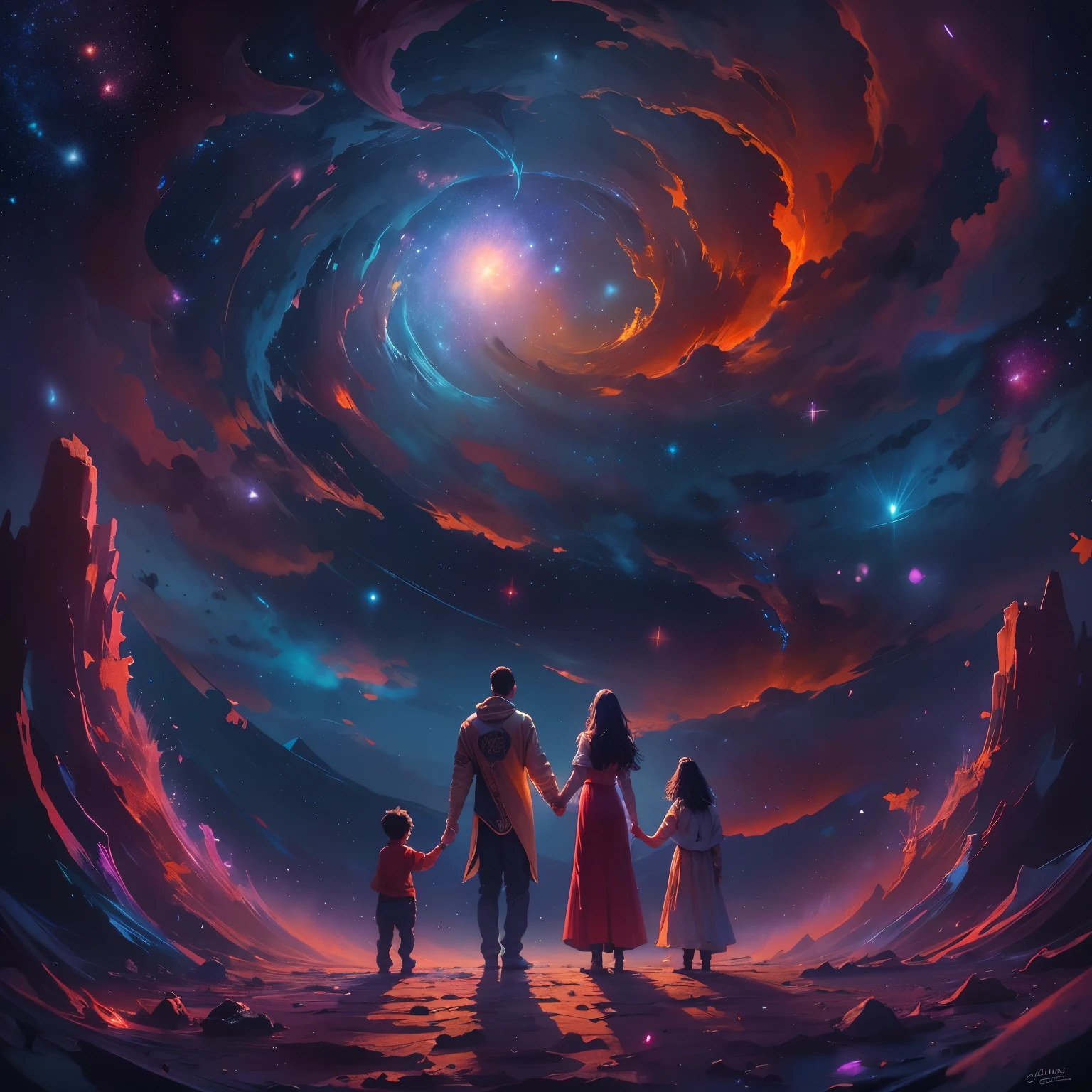 Imagine a spiritual representation where mother, father and son are united, holding hands, immersed in a spiritual existence with luminous tones predominant in red and blue. Esta cena, emocionante e bela, deve ser visualmente impressionante, with stunning detail in 8k resolution.
In the immensity of a starry night sky, com planetas, comets and an entire galaxy, visualize realidades superiores e conceitos elevados, that transcend mathematics, a filosofia, a arte e a beleza. This acrylic painting, capturada com uma lente de 35mm, It must be a cinematic masterpiece in 8k quality, inspirada no estilo marcante de Greg Rutkowski.