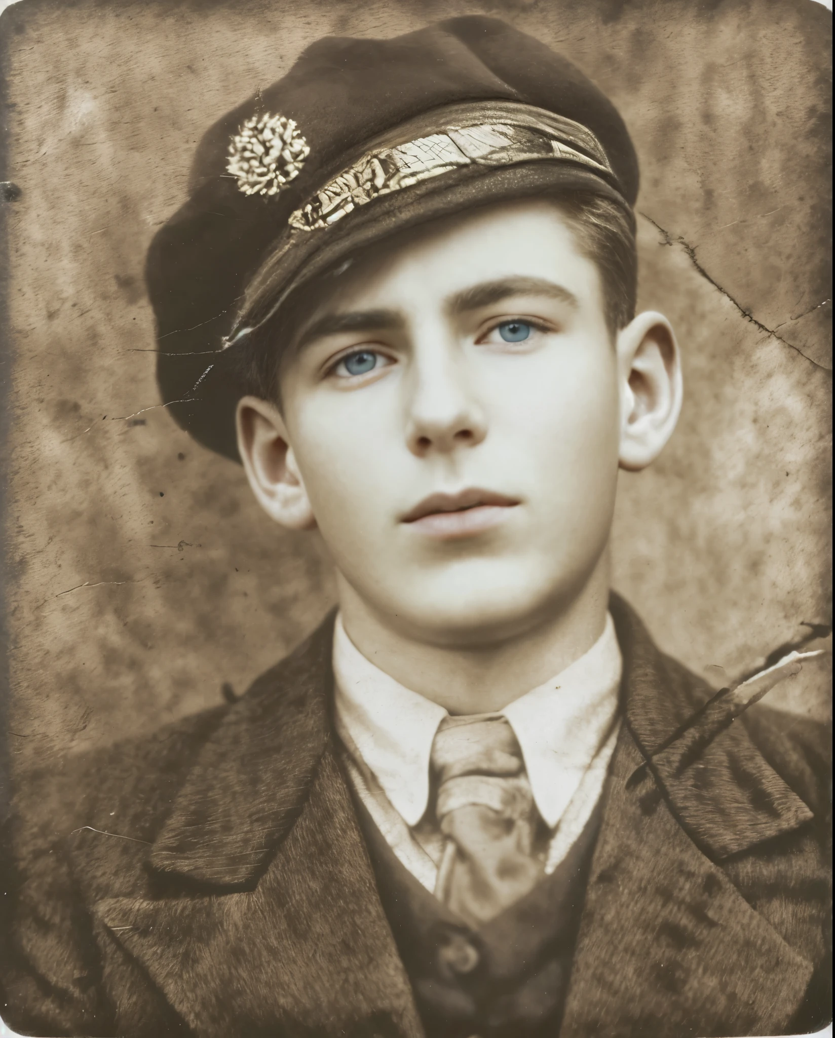 Save all details, just try to improve the quality, Restore Photo, Blue eyes, remove stamp. Arafed photo of a young man in a uniform and tie, Felix Kelly, World War 2 portrait photo, Patrick O'Keefe, Portrait of Archie Andrews, Портрет N - 9, at the age of 2 5 years, Frank Stevenson, Harry Wingfield, Ray Fox, Edward Corbett, Close portrait, Filmed in the early 1930s