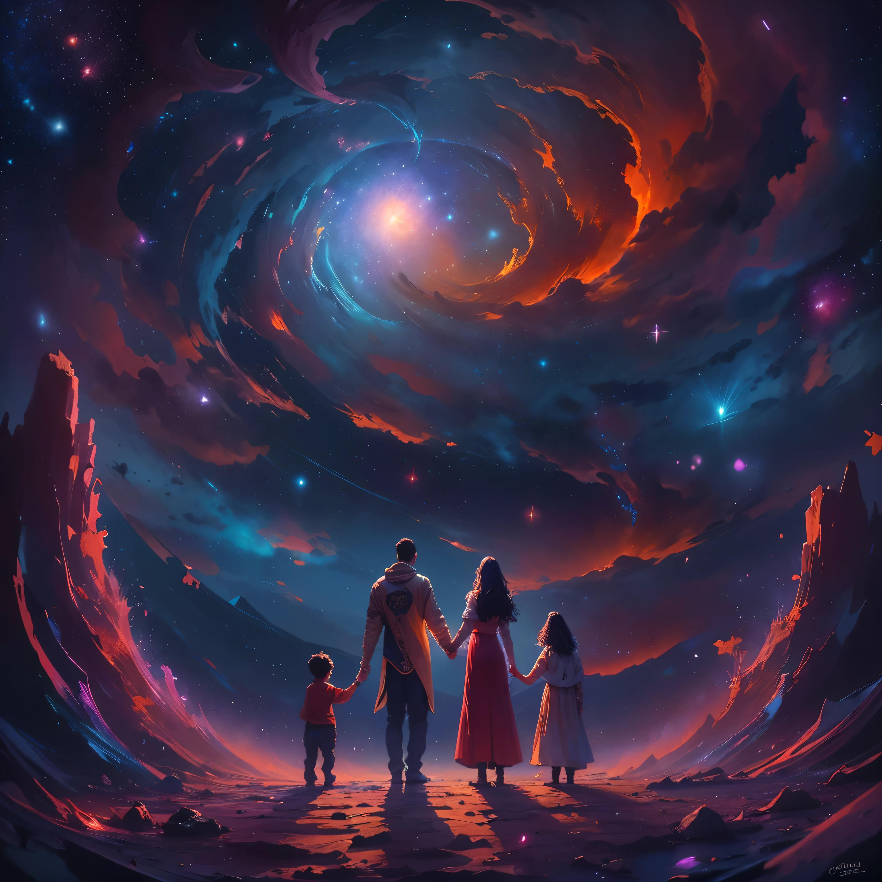 Imagine a spiritual representation where the mother, father and son are united, Holding hands, immersed in a spiritual existence with luminous tones predominant in red and blue. Esta cena, emocionante e lindo, deve ser visualmente impressionante, with stunning detail in 8k resolution.
In the immensity of a starry night sky, com planetas, comets and an entire galaxy, visualizar realidades superiores e conceitos elevados, that transcends mathematics, uma filosofia, a arte e a beleza. This acrylic painting, capturada com uma lente de 35mm, It must be a cinematic masterpiece in 8k quality, inspirado no estilo marcante de Greg Rutkowski.