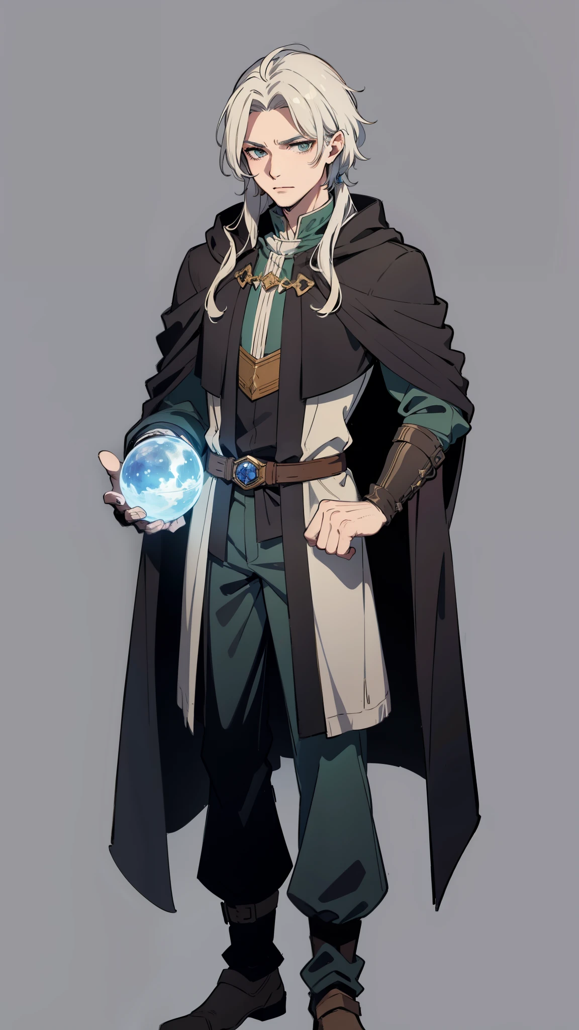 masterpiece, detailed, character, dungeons and dragons character, 1man, human male, ((human Sorcerer, human arcane mage)), (dragon magic), long grey hair, handsome face, detailed face, detailed eyes, green eyes, ((holding magic sphere made of energy in hands:1)), (wearing (medieval handsome fantasy cloth apparels, (medieval noble suit, medieval pants, medieval coat), (medieval Sorcerer fantasy outfit)), ((simple background, grey color background))