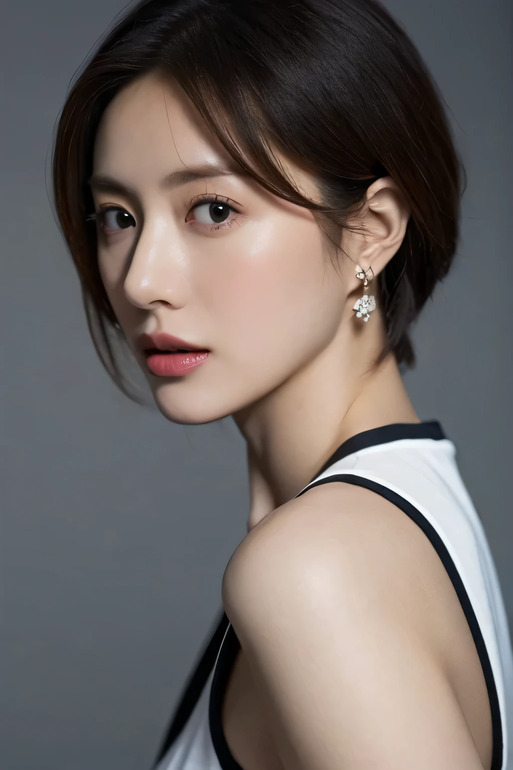 (highest quality,8K,masterpiece),studio photography,gray background,Low - Angle,portrait,Photographed from the front,
Very beautiful Japan models,fine skin,realistic skin, lip gloss,rouge,
very short hair,pixie cut,
big earrings,
big breasts,thighs,