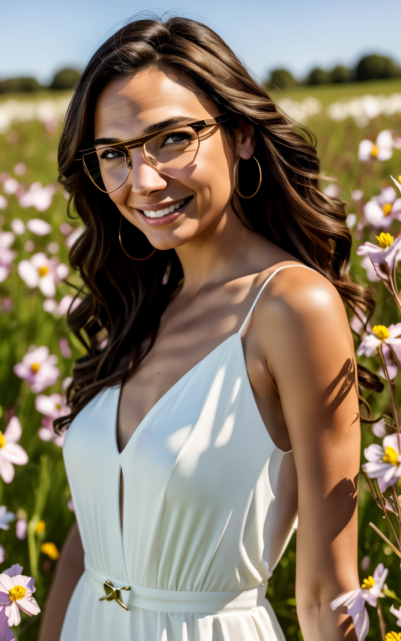 (Gal Gadot:Evangeline Lilly), (looking at viewer, light smile, ), brown hair, brown eyes, long hair, hair_flying, Fluttering hair, flying_hair, ((Transparent glasses, glasses, glasses_on_nose)), ((white dress)), (downblouse), (no bra), sexy, charming, stunning, enhance, delicate, (pale skin, real_skin), sunlight, spring, field of flowers, (flowers in the hair), outdoor, best quality, high quality, highres, 8k, photo realistic.