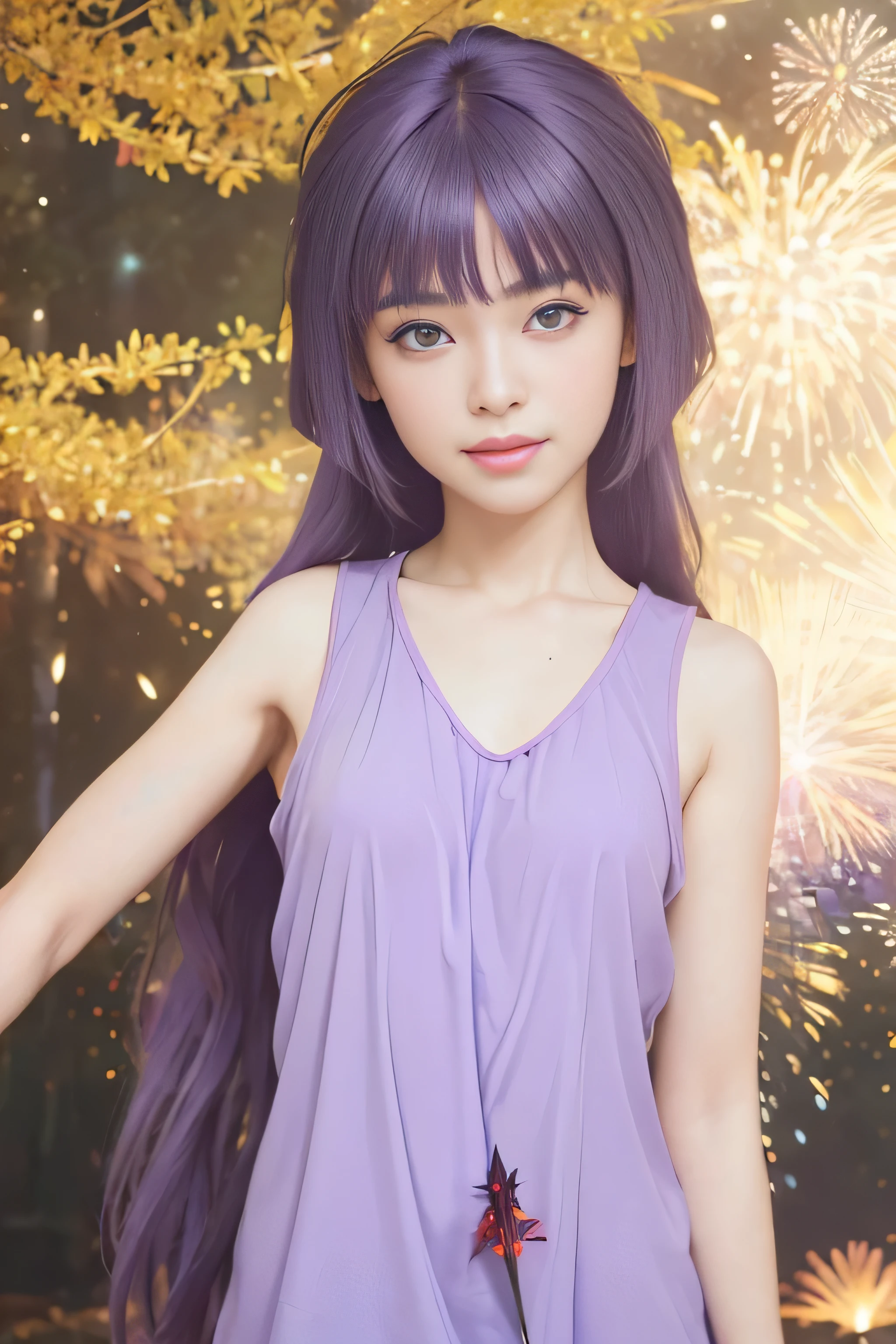 masterpiece, best quality, (realistic,photo-realistic:1.4), (RAW photo:1.2), extremely detailed CG unity 8k wallpaper, delicate and beautiful, amazing,finely detail, official art, absurdres, incredibly absurdres, huge filesize, ultra-detailed,extremely detailed eyes and face,light on face,little smile,(purple hair:1.4),long hair,(fireworks background:1.4)