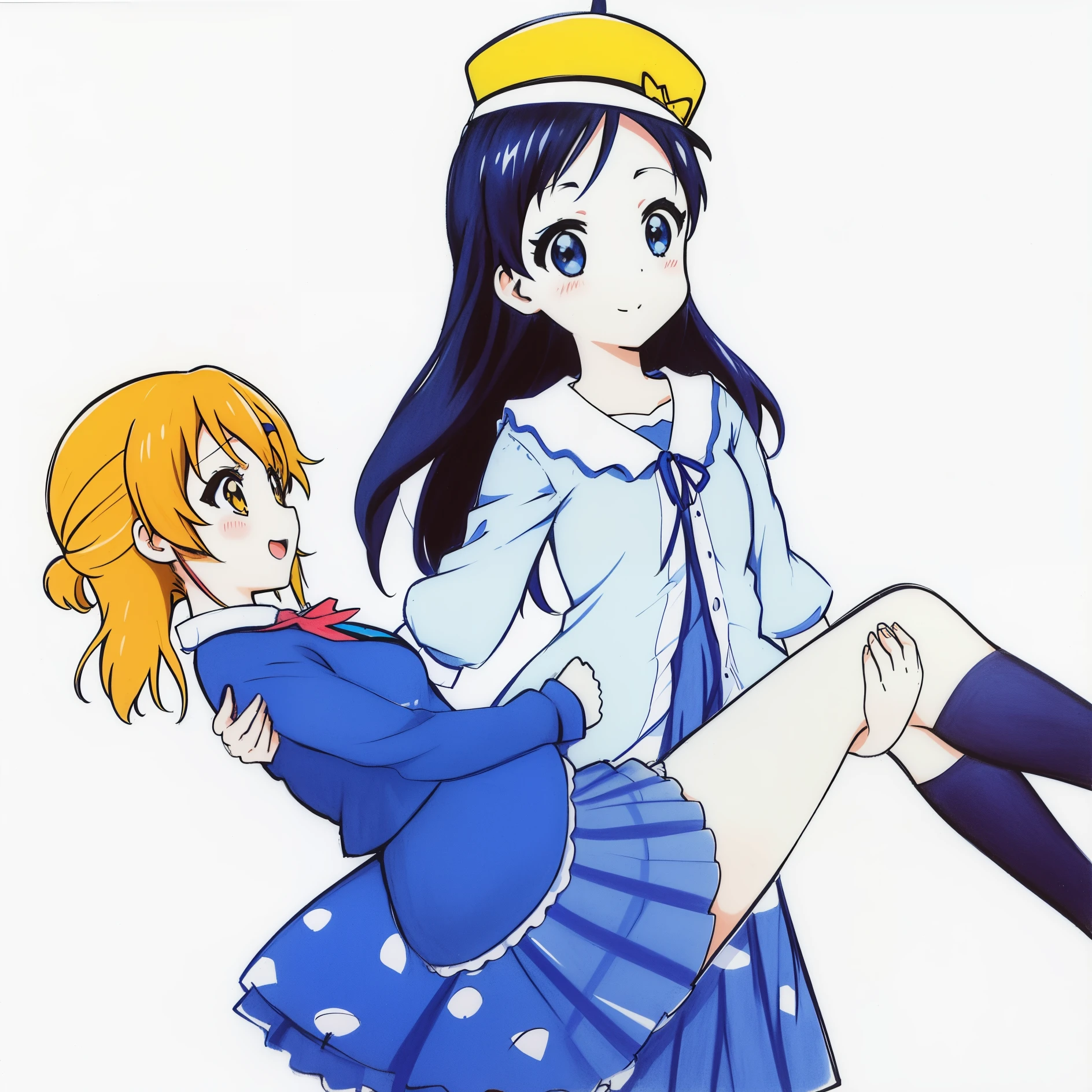 Anime drawing of a girl and a girl in a blue dress, K-on!, in blue and yellow clothes, in ryuuou no oshigoto art style, rei hiroe, classic girl, K-on, vintage girl, yoshitomo nara and aya takano, Happy!!!, girl, naughty anime style, 