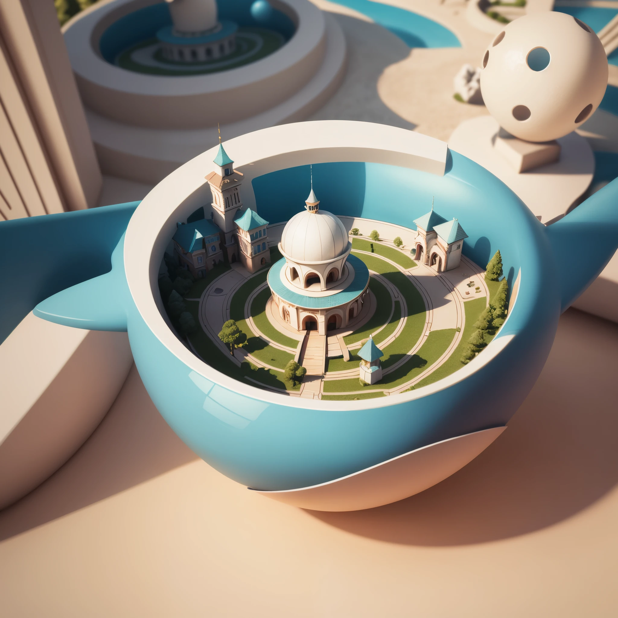 3d round planet of resort world, in the style of hyper-detailed illustrations, playful visual, soft gradients, cute cartoonish designs, tilt shift, soft shading, isolate on white,