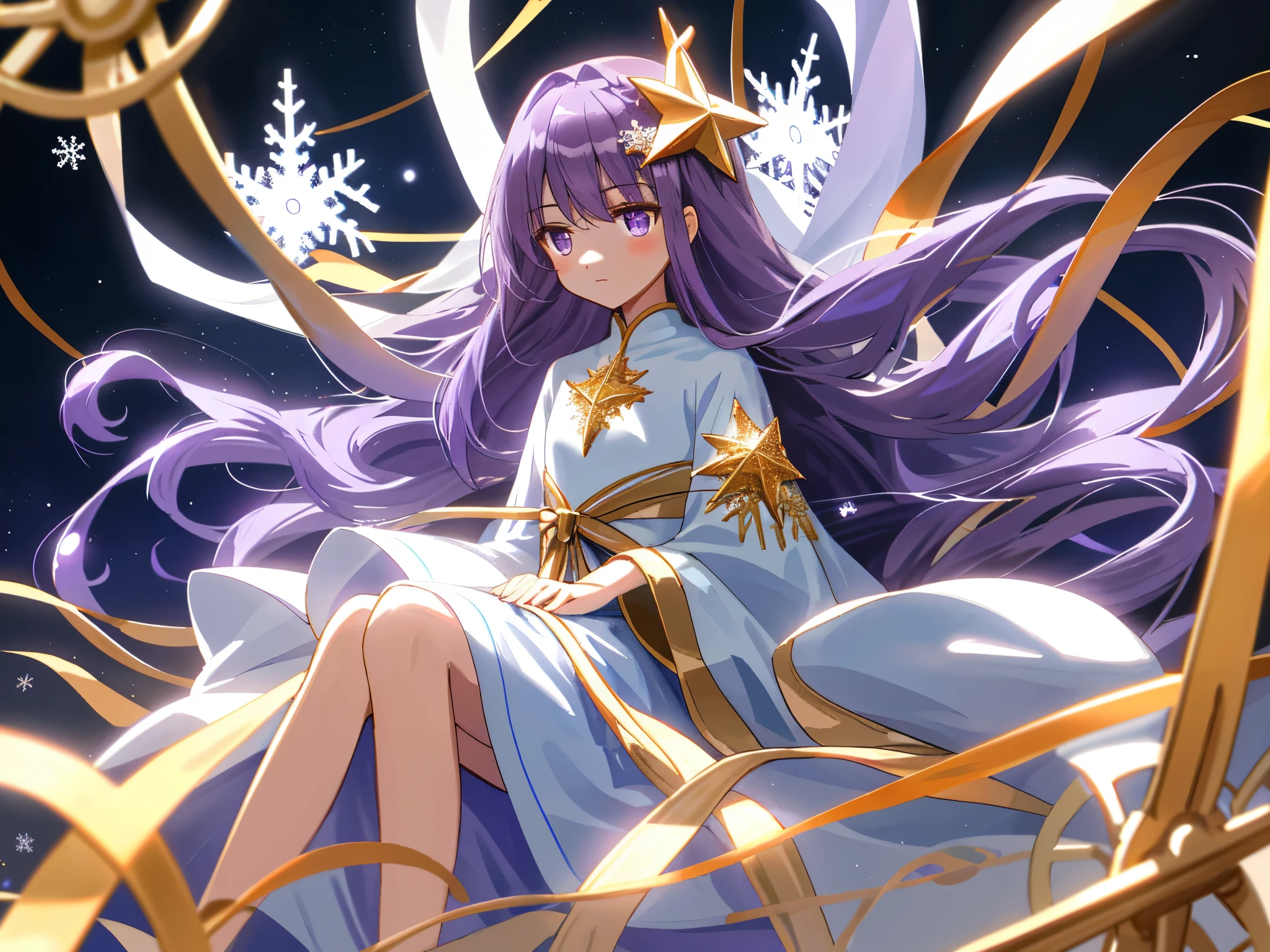 light wheel, snowflake, Single Portrait, , young body, star hair ornament, flat chest, gentle eyes, look down, sitting, long scattered hair, purple hair, golden eyes, Fair skin, Ribbons wrapped around the body