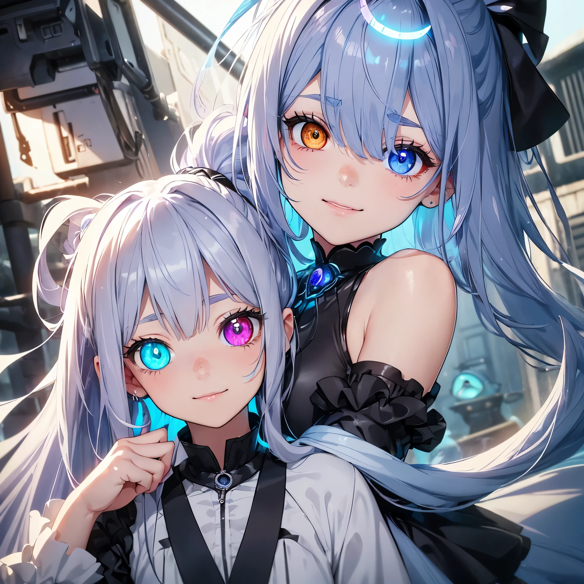 Best quality,bluish silver ponytail、(droopy iris of heterochromia,glowing eyes:1.4)、、5 years old、embarrassing、smile、slender、cowboy shot、1 girl,(young girl:1.5)、