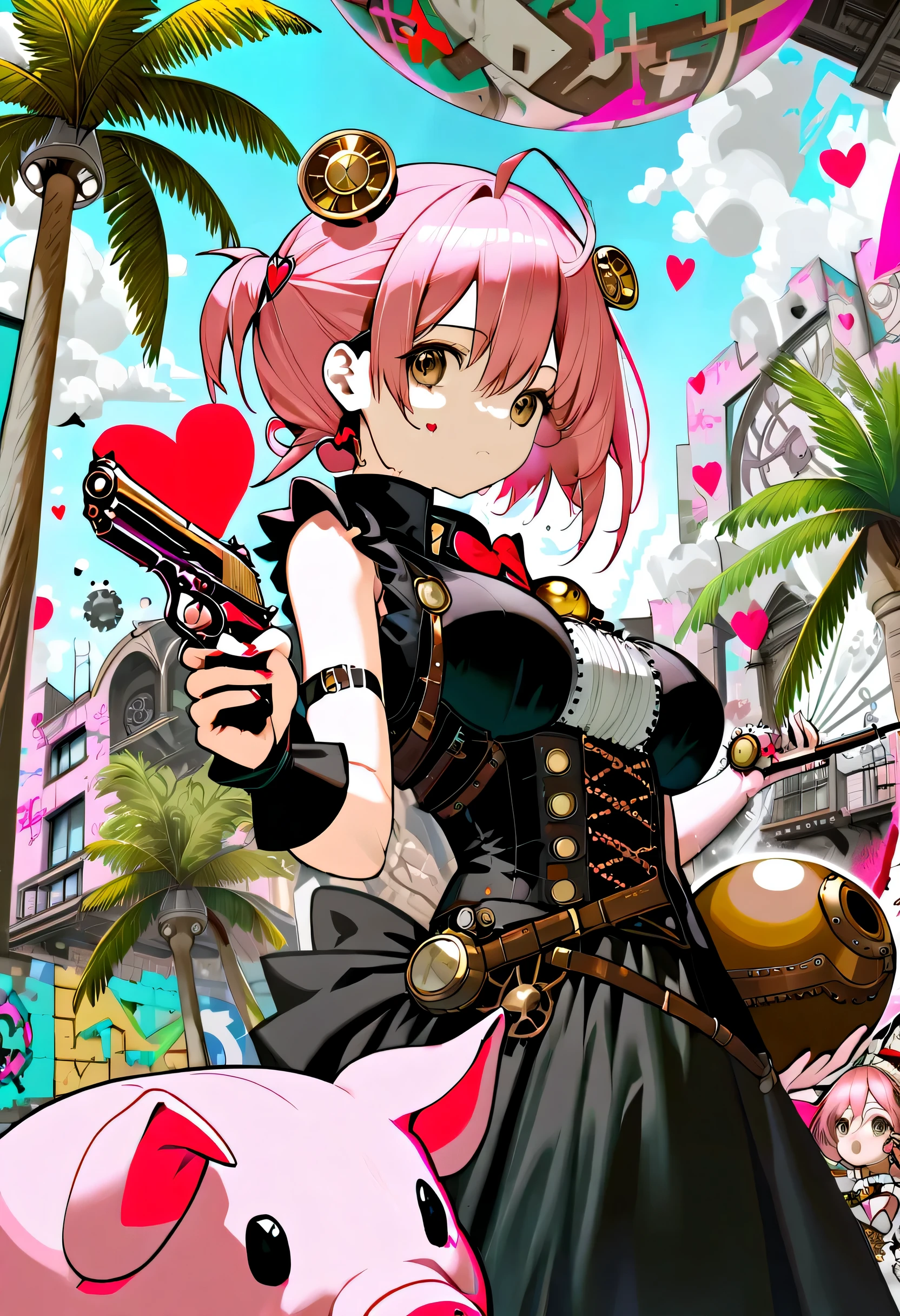 Steampunk magical girl wearing an elaborate black kimono, round large brown eyes, sharp face with red heart tattoo, pig tail baby pink hair, Ready your magic gun, background bubble splash doodle, Hyper Real Illustration, Ball magic on the palm of the sphere, beautiful fantasy art, Carefully draw complex compositions, intricate details, Tonalism, High resolution, Beautiful contrast overall,