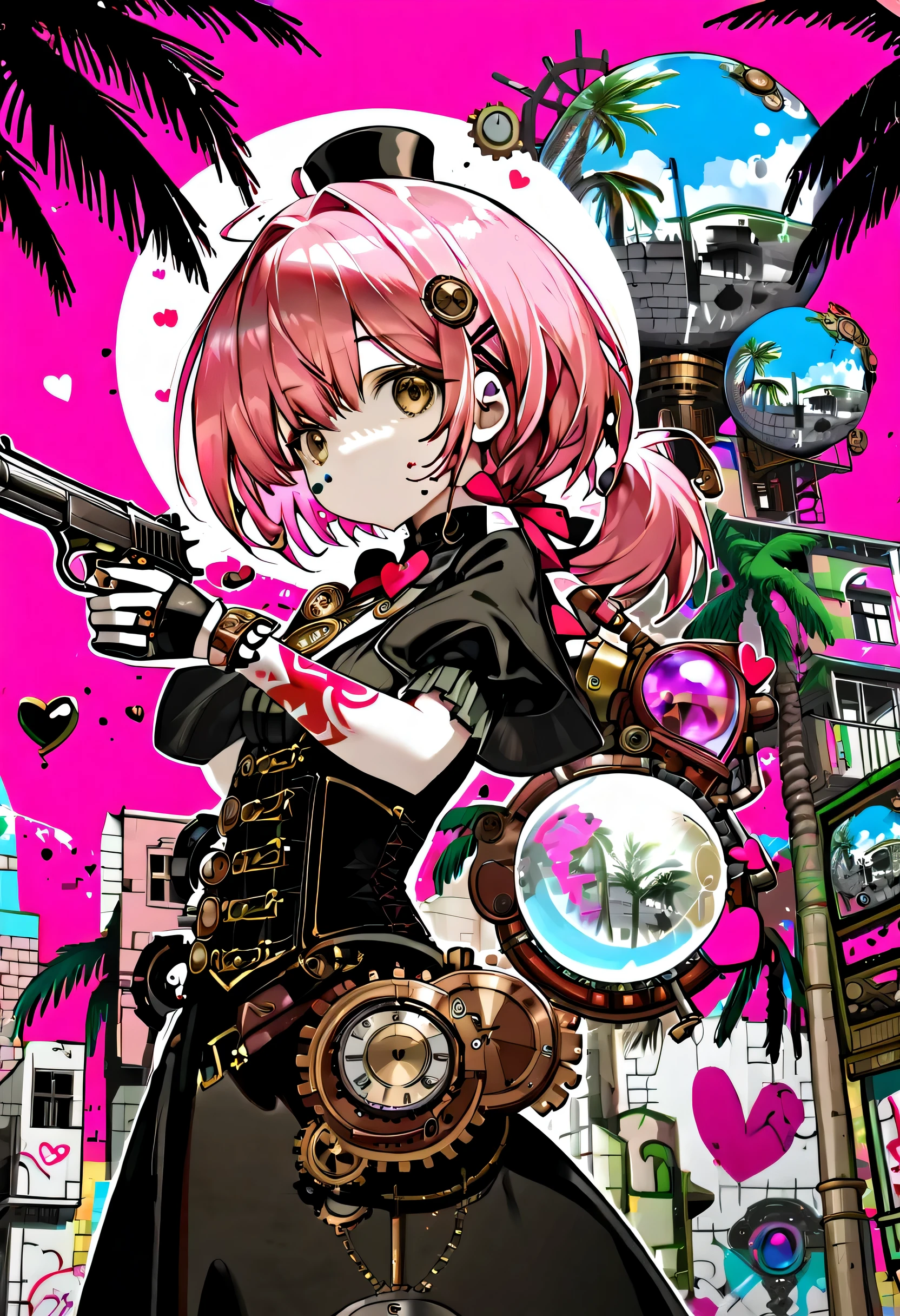 Steampunk magical girl wearing an elaborate black kimono, stylish pose, round large brown eyes, sharp face with red heart tattoo, pink hair in pigtails, Ready your magic gun, background bubble splash doodle, Hyper Real Illustration, Ball magic on the palm of the sphere, beautiful fantasy art, Carefully draw complex compositions, intricate details, Tonalism, High resolution, Beautiful contrast overall,