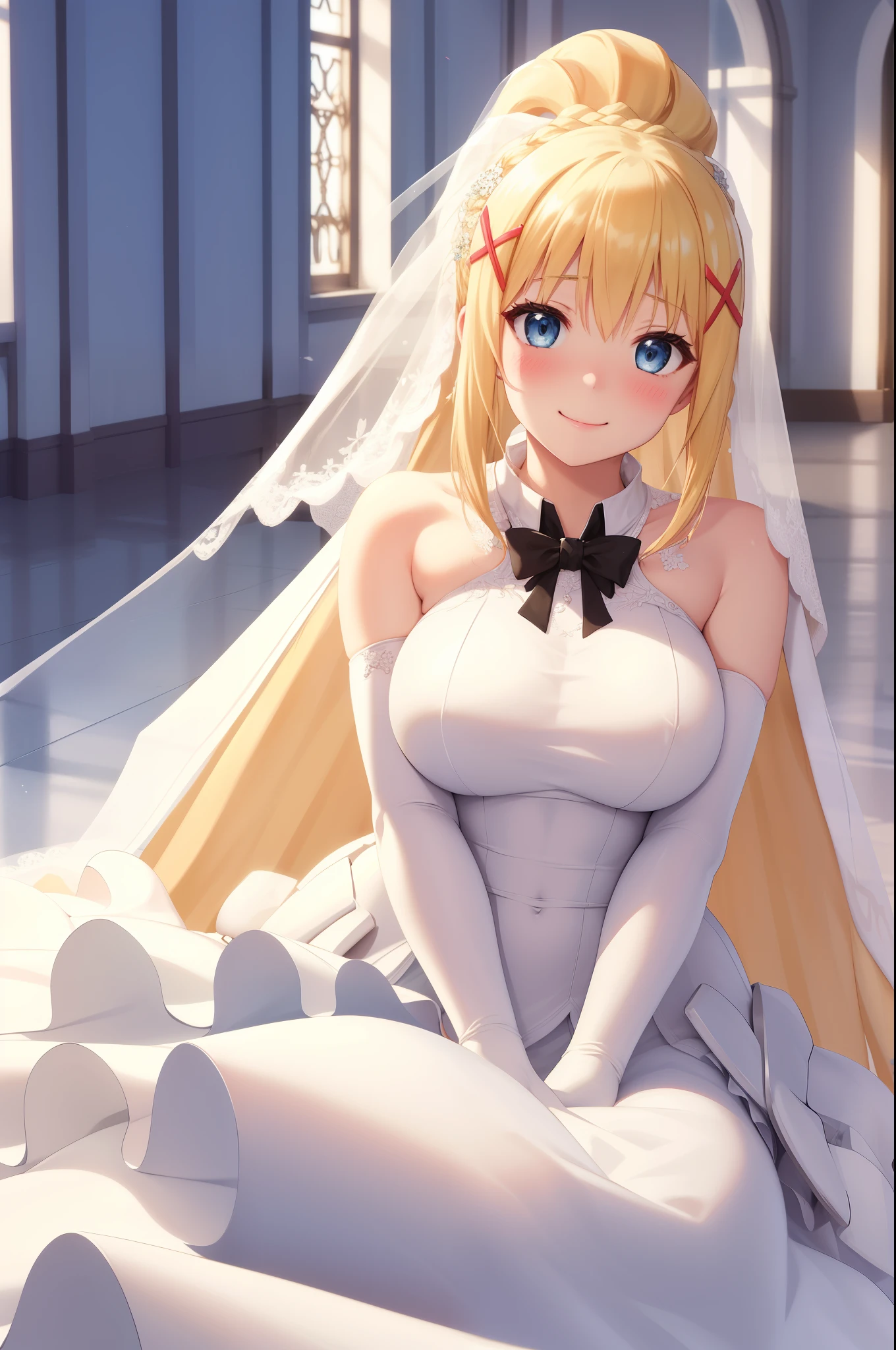 highest quality, High resolution, alone, 1 girl, long hair, blonde hair, x hair ornaments, blue eyes, ponytail, hair ornaments, Braid, \(KonoSuba\), big breasts, very close face, smile, blush, (Wedding dress:1.3), (wedding veil:1.3), white gloves, hairpin, wedding hall, Virgin Road