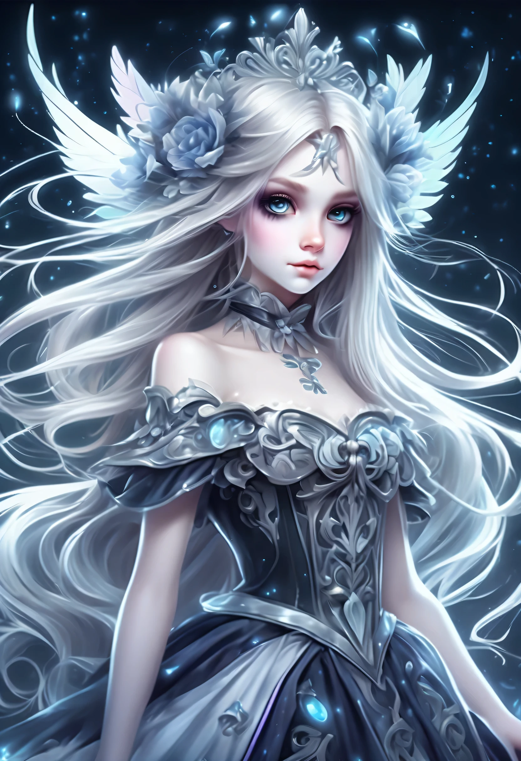 Dark fantasy magical girl coolness, Shaggy long hair with light gradation, Big eyes with beautiful details and a subtle sparkle, white cute ribbon, Beautiful detail face and hair, smooth and flawless Skin, Inspired by dark fantasy、Magical dress with intricate details, Hold up an elaborate wand of ornaments using black magic., Mysterious fog splash art around, bevel angle, realistic, intricate details, stunningly detailed brush strokes, Amazing beautiful sparkle background, highest quality, highest quality, High resolution, Beautiful detail shine, 8K, Holographic 32K rendering, multilayer diagram,