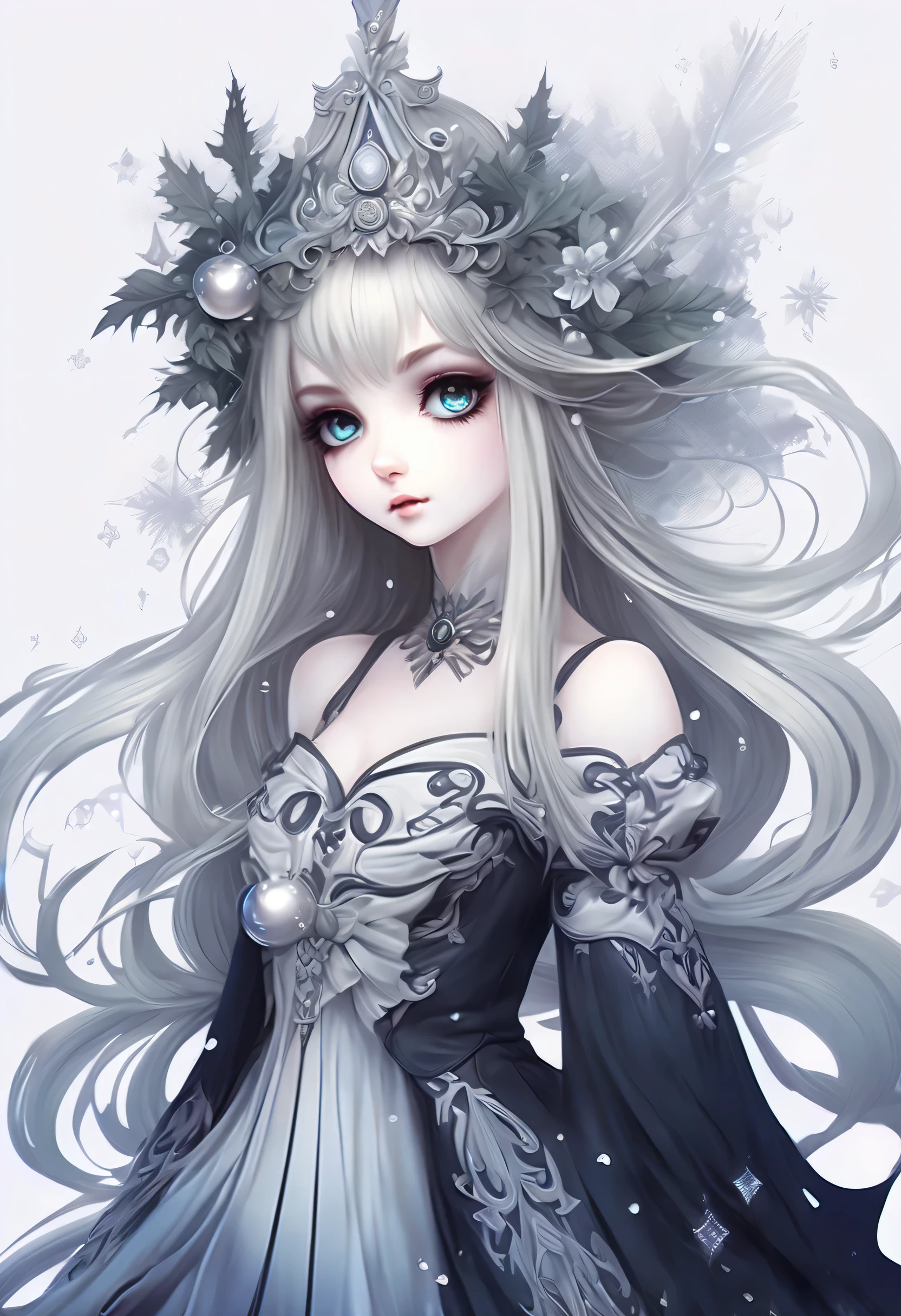 Dark fantasy magical girl coolness, Shaggy long hair with light gradation, Big eyes with beautiful details and a subtle sparkle, white cute ribbon, Beautiful detail face and hair, smooth and flawless Skin, Inspired by dark fantasy、Magical dress with intricate details, Hold up an elaborate wand of ornaments using black magic., Mysterious fog splash art around, bevel angle, realistic, intricate details, stunningly detailed brush strokes, Amazing beautiful sparkle background, highest quality, highest quality, High resolution, Beautiful detail shine, 8K, Holographic 32K rendering, multilayer diagram,