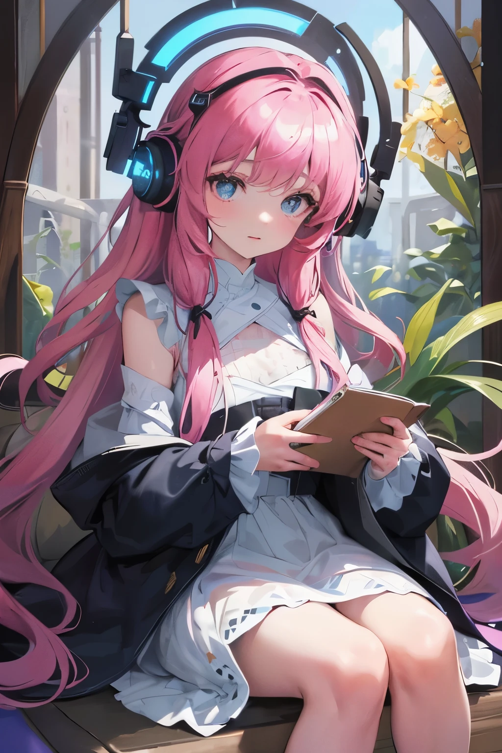 In the heart of a tranquil setting, a charming young girl, enveloped in the soft glow of twilight, sits comfortably on a cozy mat. She wears a simple yet adorable dress, its color gently blending with the surrounding environment. Her eyes, framed by oversized headphones, are wide and sparkling with curiosity and excitement. The headphones, a vibrant contrast of color against her  frame, cover her ears, their cushioned pads gently pressing against her skin. The intricate details of the headphones' design are visible, each component meticulously rendered in high definition. The girl's expression is one of pure bliss, her luminous eyes reflecting