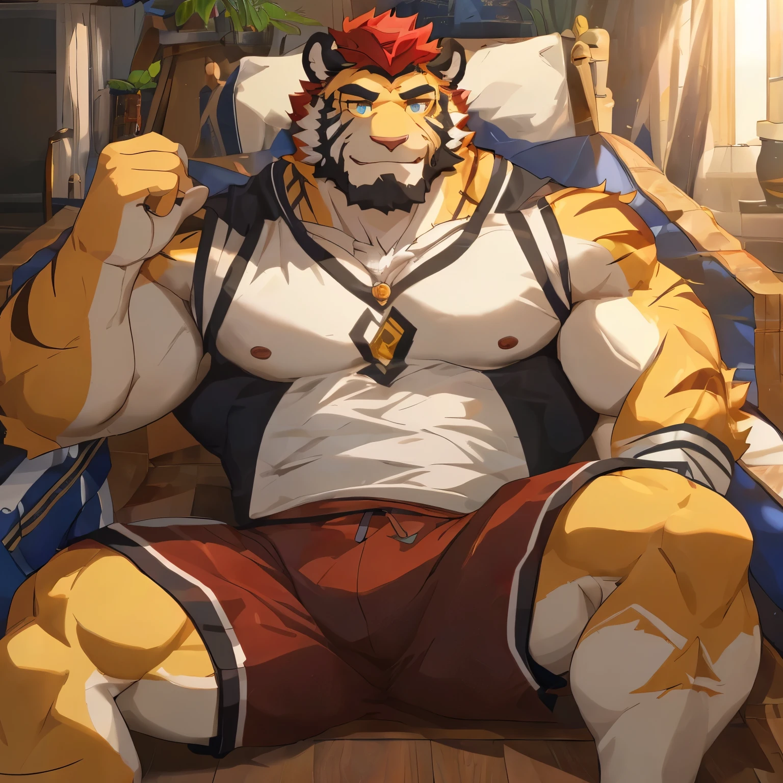masterpiece,best quality,Detailed background,Hello,It's notHellong,New Jersey 5 Hairy,floor,Sunlight,There is a plant called forget-me-not,Only wearing a pair of shorts, alone,solo focus,male,male focus,Humanity,Tiger or dog,Red hair,(sports:1.5), (Yellow fur,,black eyebrows:1.5),view viewer, exquisite eyes,delicate eyes,agate eyes,Puppeteer,5 fingers, Smile,跪着Waiting for someone to knock Hellom down,Yao Zhui,Strong body,majesty,He took the initiative to lift Hellos sHellort,Eight hairy abs and two tHellock pecs are exposed
