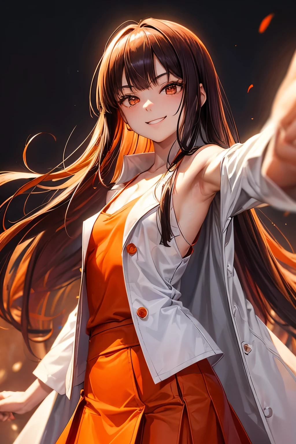 A 20 years old Japanese lady (( slender, small breast )), whole body, red voluminous straight (( long ))hair, messy blunt bangs,(( wears white chesterfield coat )) ((orange camisole ))((black long skirt )), (( corners of her mouth are rising)),(( light brown big sharp eyes, bright smile eyes wide with joy, eyelashes )), put her hands on her waist, fearless and passionate atmosphere and pose