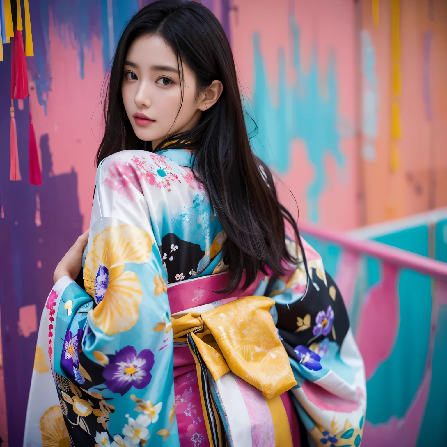 Beautiful supermodel woman with dark hair, A lock of hair with slight highlights, black eyes, mixed media, wet paint, Colorful kimono, Colorful background, Liquid color flows across her face, Photographed by Yui Aragaki. - At 6 o&#39;clock