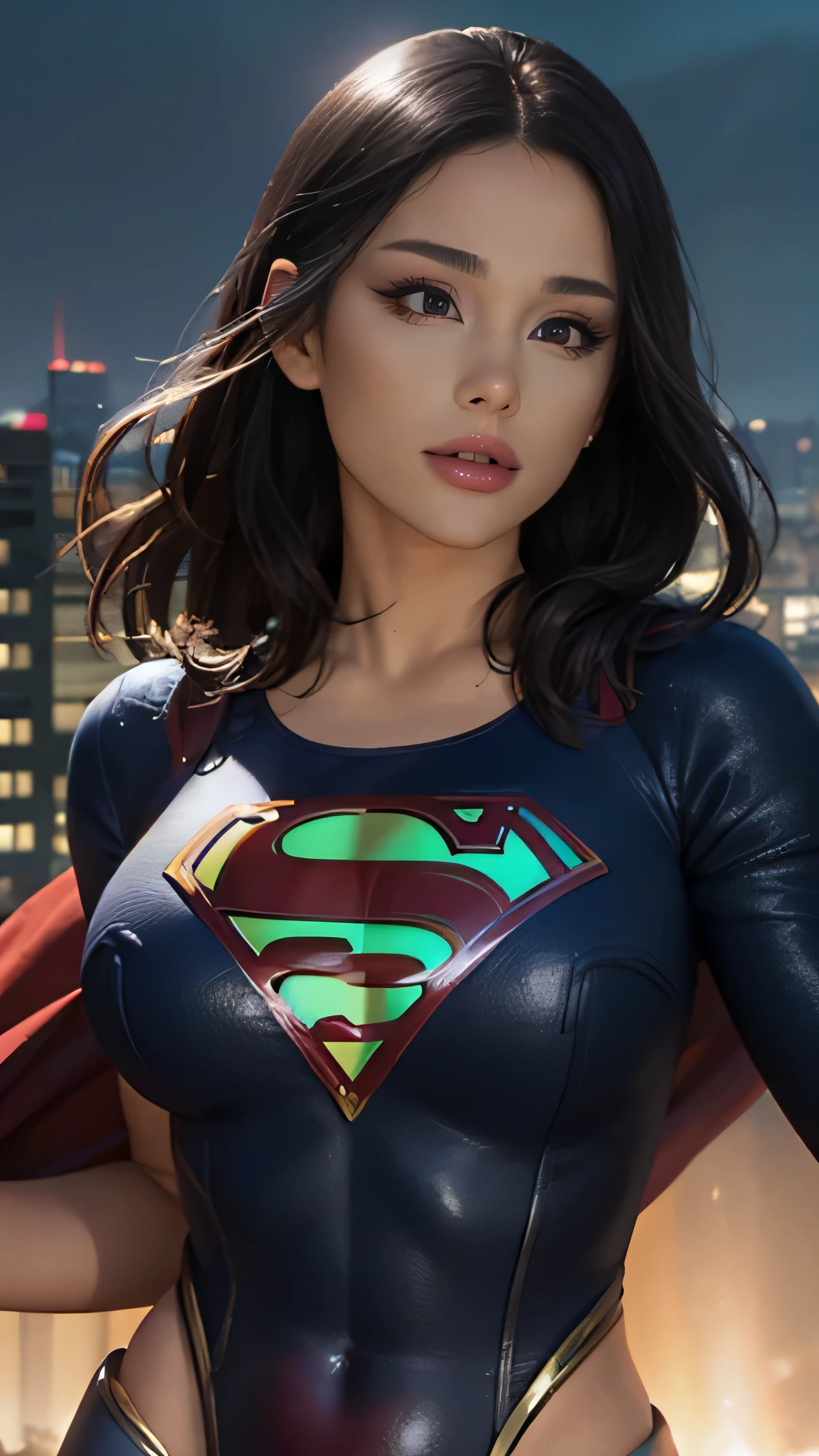 "(best quality,4k,8k,highres,masterpiece:1.2),ultra-detailed,(realistic,photorealistic,photo-realistic:1.37),beautiful,detailed eyes,beautiful,detailed lips,extremely detailed eyes and face,longeyelashes,sexy,attractive,charming,strong,intelligent,confident,powerful,girl with short black hair,wearing a stylish superhero costume,fit,toned body,striking black suit,shiny metallic texture,glossy finish,ed benes style:1.1,comic style:1.1,UHD,8K,high-resolution,sharp focus,vibrant colors,physically-based rendering,studio lighting,superhero,battle-ready pose,flying in mid-air,urban cityscape background,dynamic composition" (supergirl)