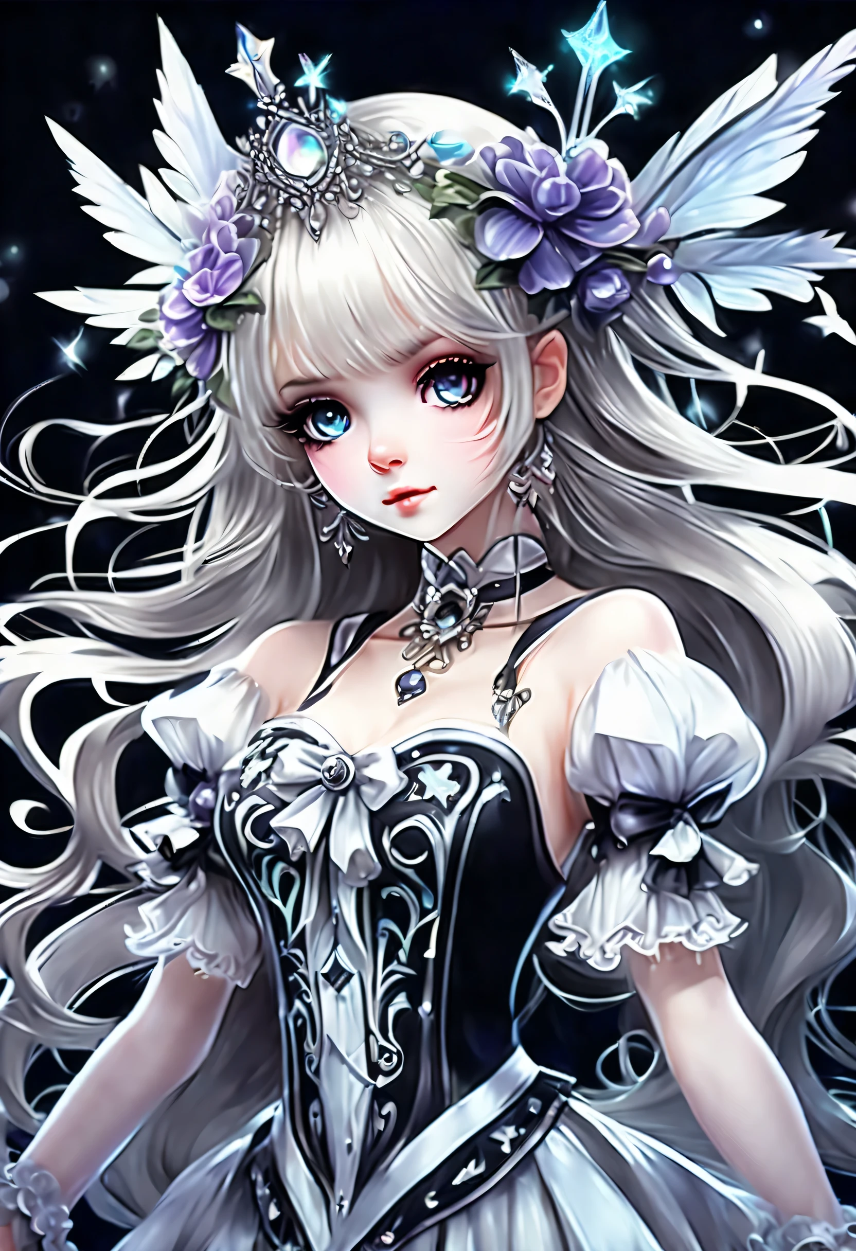 Dark fantasy magical girl coolness, Shaggy long hair with light gradation, Big eyes with beautiful details and a subtle sparkle, white cute ribbon, Beautiful detail face and hair, smooth and flawless Skin, Inspired by dark fantasy、Magical dress with intricate details, ((Hold up an elaborate wand of ornaments using black magic.:1.2)), Mysterious fog splash art around, bevel angle, realistic, intricate details, stunningly detailed brush strokes, Amazing beautiful sparkle background, highest quality, highest quality, High resolution, Beautiful detail shine, 8K, Holographic 32K rendering, Multi-touch illustration with delicate and precise brush strokes,