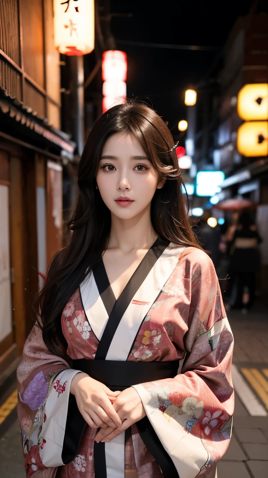 Beautiful supermodel woman with dark hair, A lock of hair with slight highlights, black eyes, mixed media, sexy，Japanese style street background，Colorful kimono , Liquid color flows across her face, Photographed by Yui Aragaki