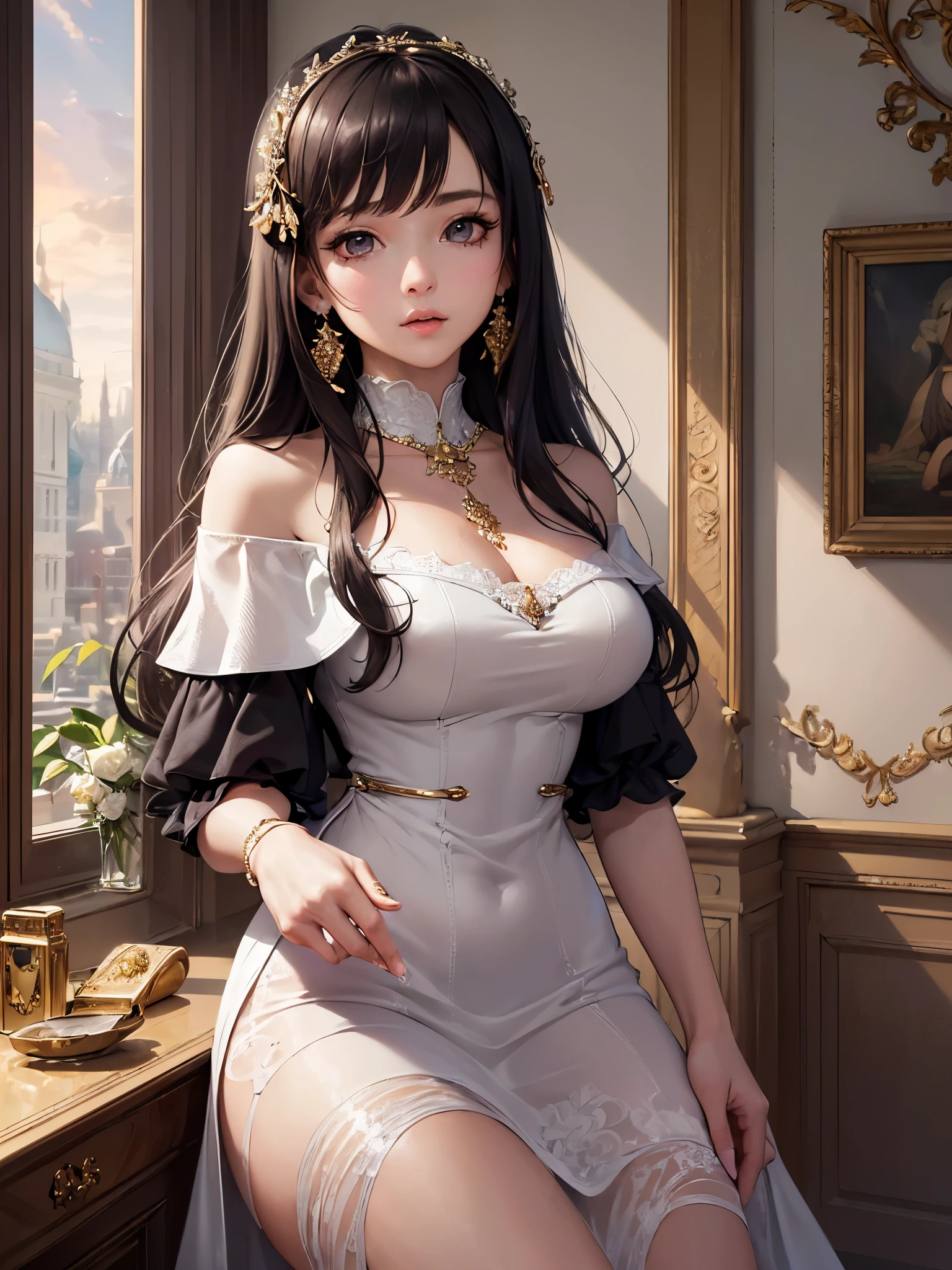 ((highest quality)),(ultra high resolution),(Super detailed),(detailed description),((best CG)),(best work of art),super precision art,great drawing art,(Art with precise details:1.5), (1 noblewoman:1.7),(beautiful and well-shaped face:1.5),((off shoulder luxury dress:1.8)), ((Curtsey:1.8))