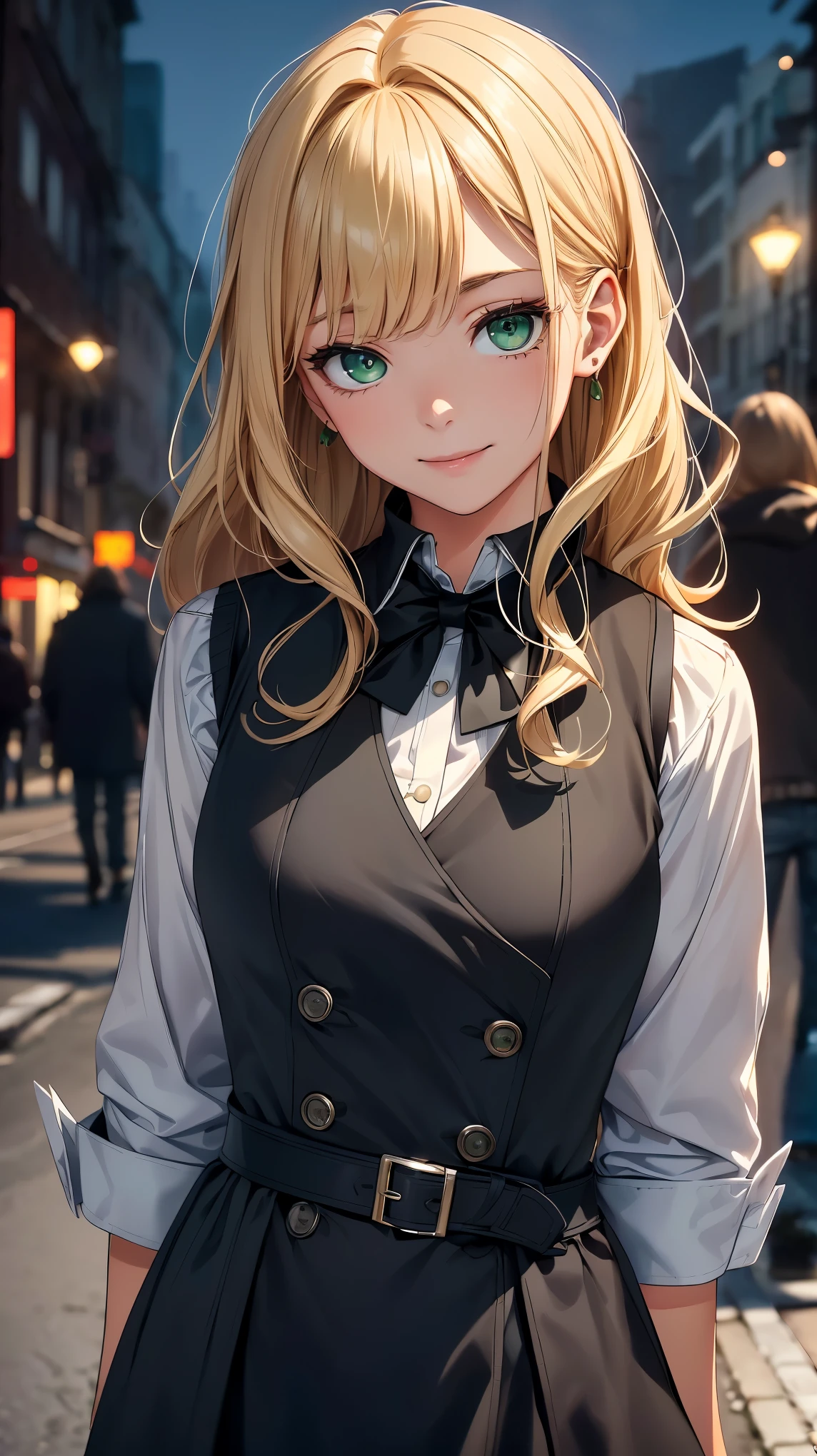 (8K, RAW photo, 最high quality, masterpiece:1.2), High-definition RAW color photo, Professional photo shoot, cinematic light, alone, (((young woman, gal))), (Sharp features), (small face), (high detail skin:1.2), clavicle, cute face, beautiful appearance, long eyelashes, (rainbow hair, greenいeye), beautiful breasts, (slim body shape:1.4), very detailed顔と肌の質感, 詳細なeye, double eyelid, 横eyeで見る, Place your hands behind your body, ((blonde, long bangs on one side, asymmetrical bangs, 片eyeが隠れる, wavy hair)), slender body, ((open your mouth and smile:1.2, 上eye遣い)), big breasts, normal hip joint, green_eye, cowboy shot, composition from above, (((hoodie:1.5, denim pants, Seductive thighs))), downtown at night, 見つめるeye, beautiful skin, shiny skin, perfect fingers, five fingers, anatomically correct, background bokeh, high quality, surreal, bright colors, ((very detailed, photo shoot)),