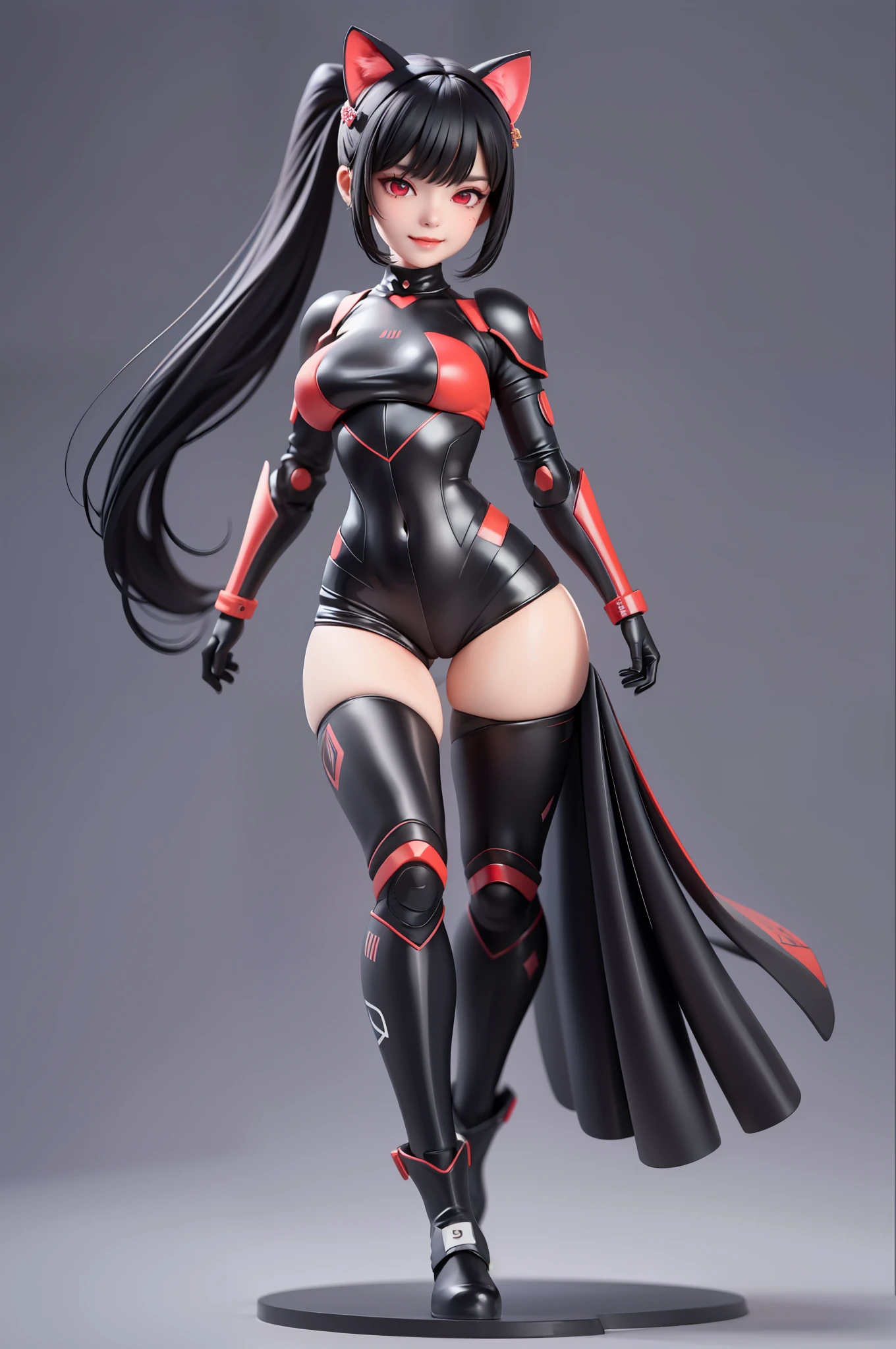 (​masterpiece)、(top-quality)、(ultra-detailer)、(full bodyesbian)、(Anatomically correct)、 女の子1人、black hair, black cat ears, straight high pony tail, split fringe,  smile,  black sci-fi armor、no helmet, (beautifull detailed face)、(beautiful red eyes)、((full body view)), medium breast, black and red sci-fi clothes, grey background. black boots, single pony tail, 