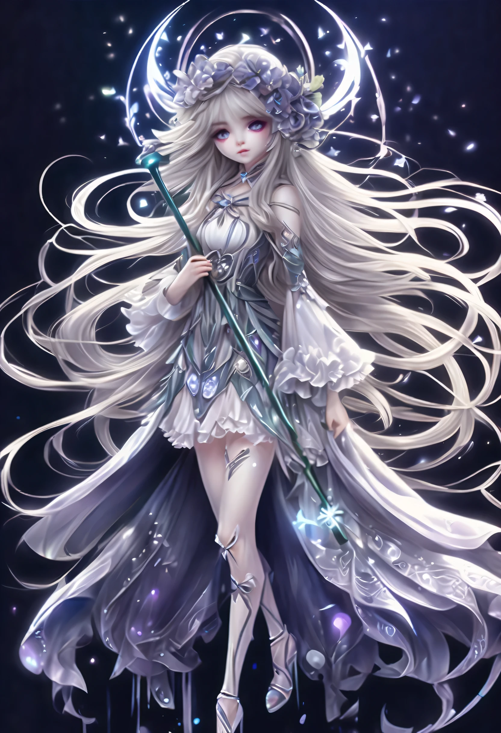 Dark fantasy magical girl coolness, Shaggy long hair with light gradation, Big eyes with beautiful details and a subtle sparkle, white cute ribbon, Beautiful detail face and hair, smooth and flawless Skin, Inspired by dark fantasy、Magical dress with intricate details, ((Hold up an elaborate wand of ornaments using black magic.:1.2)), Mysterious fog splash art around, bevel angle, realistic, intricate details, stunningly detailed brush strokes, Amazing beautiful sparkle background, highest quality, highest quality, High resolution, Beautiful detail shine, 8K, Holographic 32K rendering, Multi-touch illustration with delicate and precise brush strokes,