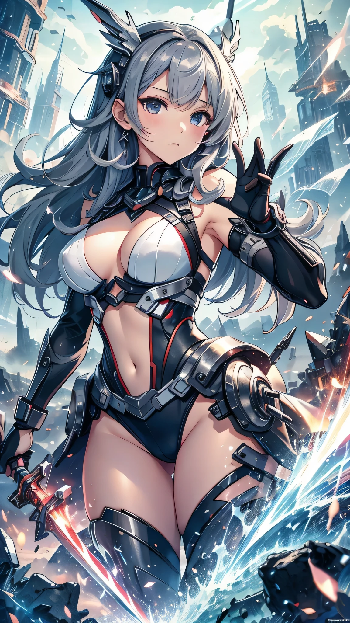 最high quality、best image quality、masterpiece、teenage girl((18-year-old、 By becoming、vest bust、medium bust,wide open  tea、black eye, gray hAria、long hAria、thin,highest valley、Black Battlesuit、white arm parts、white leg parts、Holding a big sword、Glowing red wings,Aria、splatters、fighting pose)),high quality、beautiful art、background((outer space、battlefield、splattersing beams、military base))瓦礫がsplatters、Depth of written boundary、movie、visual art、perfect art、8K,genuine