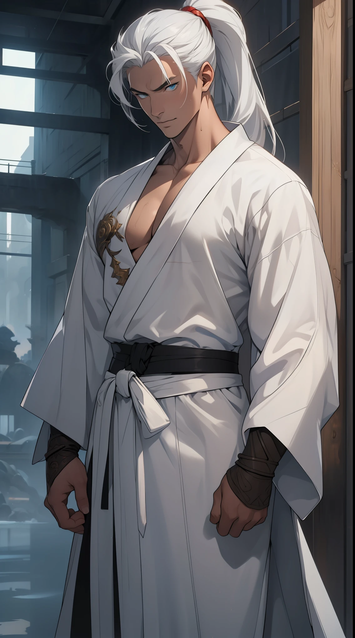 Two dimensions，anime style，one person（male warrior），proportions are correct，facial details，swordsman，high ponytail hairstyle，neck detail，Have an Adam&#39;s apple，White robe，joke，white robe，clothing details，transfer，long sleeves，Game quality，fencing，Ray tracing，Ray tracing，Detailed glow，CG rendering，hair details，long white hair，blue eyes，Handsome，Handsome，（Youthful feeling），Clothing is complicated，Perfect composition，refine，high quality，higher details，many details，Complex background，a sense of atmosphere，