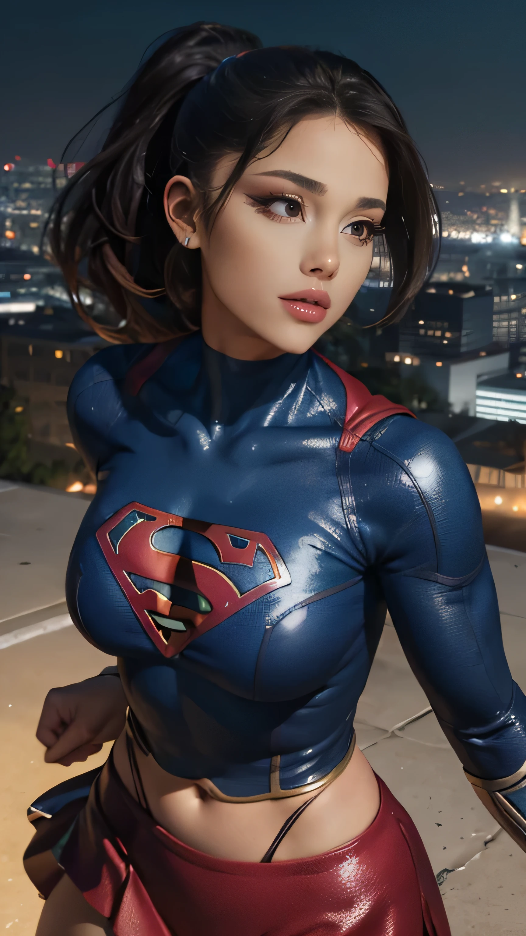 "(best quality,4k,8k,highres,masterpiece:1.2),ultra-detailed,(realistic,photorealistic,photo-realistic:1.37),beautiful,detailed eyes,beautiful,detailed lips,extremely detailed eyes and face,longeyelashes,sexy,attractive,charming,strong,intelligent,confident,powerful,girl with short black hair,wearing a stylish superhero costume,fit,toned body,striking black suit,shiny metallic texture,glossy finish,ed benes style:1.1,comic style:1.1,UHD,8K,high-resolution,sharp focus,vibrant colors,physically-based rendering,studio lighting,superhero,battle-ready pose,flying in mid-air,urban cityscape background,dynamic composition" (supergirl) (ponytail) 