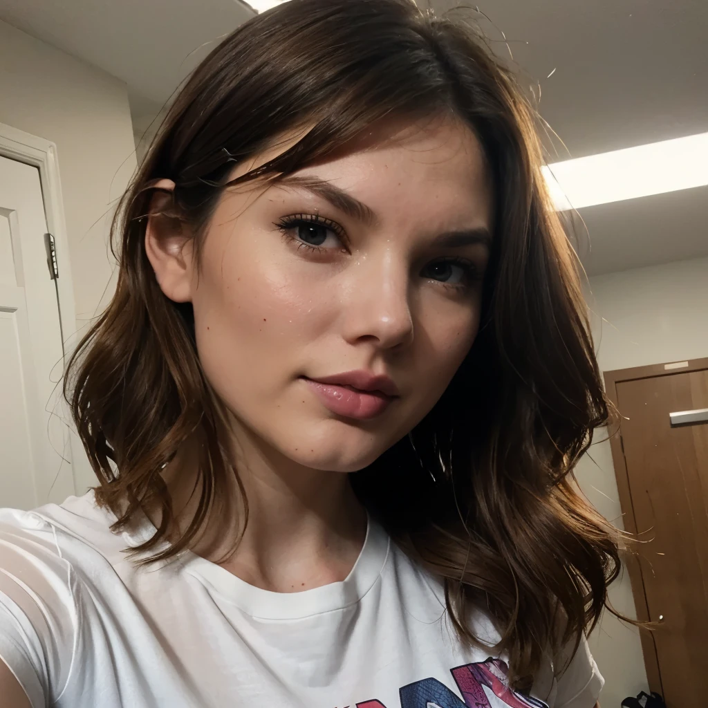 Amateur photo of a gorgeous woman teasing, looking at viewer, ((tongue out)) , sexy, plump, perfect body, casual clothes, (tight sports t-shirt), (team sports t-shirt), ((colorful t-shirt)), sports team logo, girl next door, white skin, subtle smile, lips apart, red lipstick, black eyeliner, face ( (taylorswift) | gemma chan | drew barrymore | kirsten dunst ) , auburn, light brown hair, red hair, short hair, hair attached, hair bun, hair fringe, ((big natural breasts)) , ((long saggy breasts)) , amateur photo, iPhone X,