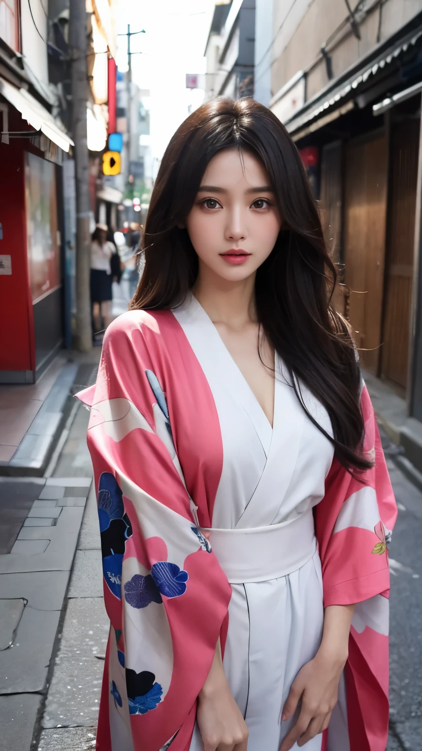 Beautiful supermodel woman with dark hair, A lock of hair with slight highlights, black eyes, mixed media, sexy，Japanese style street background，Colorful kimono , Liquid color flows across her face, Photographed by Yui Aragaki