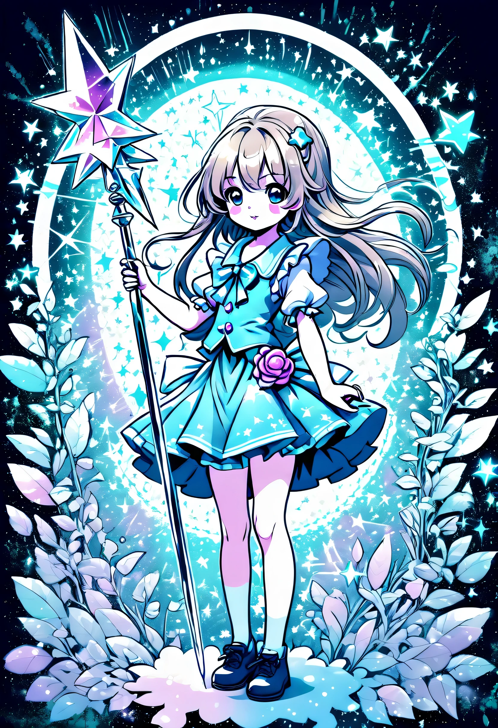 Cute and adorable magical girl stands on grunge twisted background。, Triumphant々and raised a crystal wand., Every detail creates a captivating touch, Fascinating detailed grunge illustration, Beauty in every absurd and delicate detail, Create an advanced visual experience,