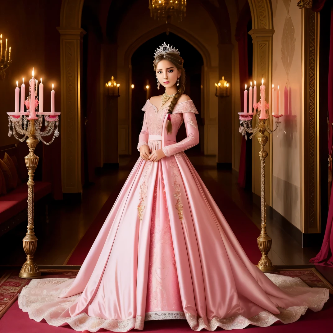 draw me a princess named Jade , braided hair on the left with beautiful dress pink, in the beautiful castle , with red carpet on the wall, with candles, beautiful face , with details , high quality, light.