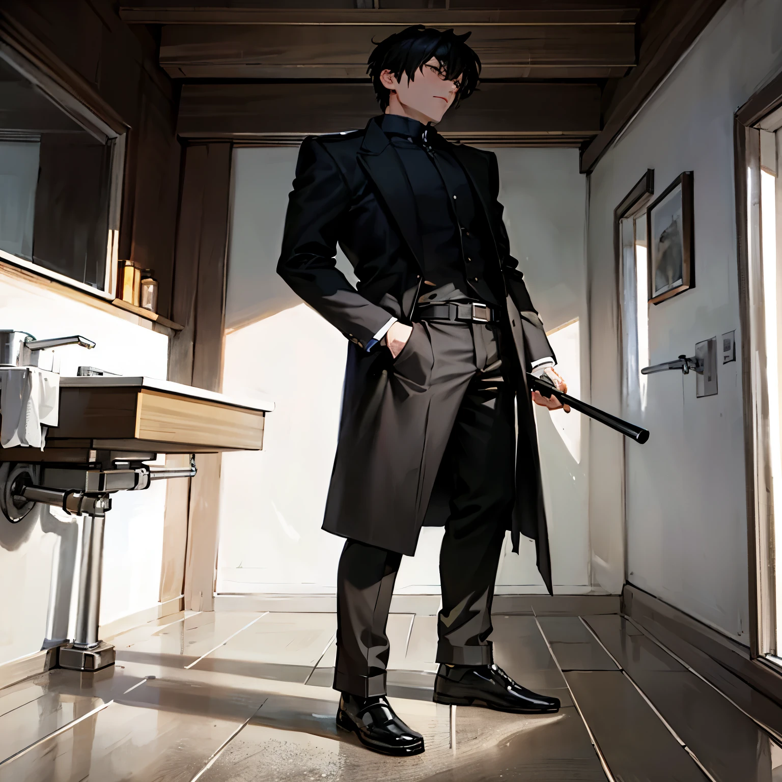 tall, A young man, male, Trapped, wearing black clothes, black hair, Wear a coat, wearing winter clothes, There is black smoke around, holding a baseball bat, Rich in details
(best quality,4k,8k,highres,masterpiece:1.2), ultra-detailed, (realistic,photorealistic,photo-realistic:1.37), 描绘一个男子Trapped的画面,他tall,Looks strong,Dressed in black,hair black。He is wearing a trench coat or coat,Comes with winter clothing。There was black smoke all around,It creates an atmosphere of mystery。He is holding a baseball bat,Very rich in details,including his facial expressions、Muscle lines, etc.。The picture shows high-quality effects,With realistic details,and has a sense of reality similar to that of a photo。The overall picture has a calm tone,Soft warm colors can be added to add warmth。Good light,Can emphasize the image and details of the subject。