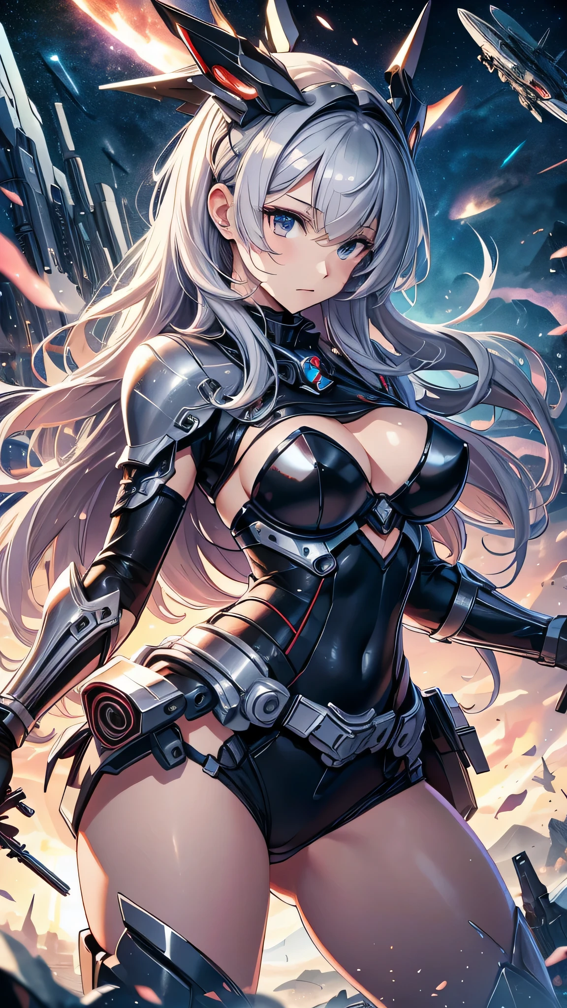 最high quality、best image quality、masterpiece、age girl((18-year-old、 By becoming、vest bust、medium bust,wide open breast tea、black eye, gray hAria、long hAria、thin,highest valley、Black Battlesuit、white arm parts、white leg parts、Holding a big sword、Glowing red wings,Aria、splatters、fighting pose)),high quality、beautiful art、background((outer space、battlefield、splattersing beams、military base))瓦礫がsplatters、Depth of written boundary、movie、visual art、perfect art、8K,genuine